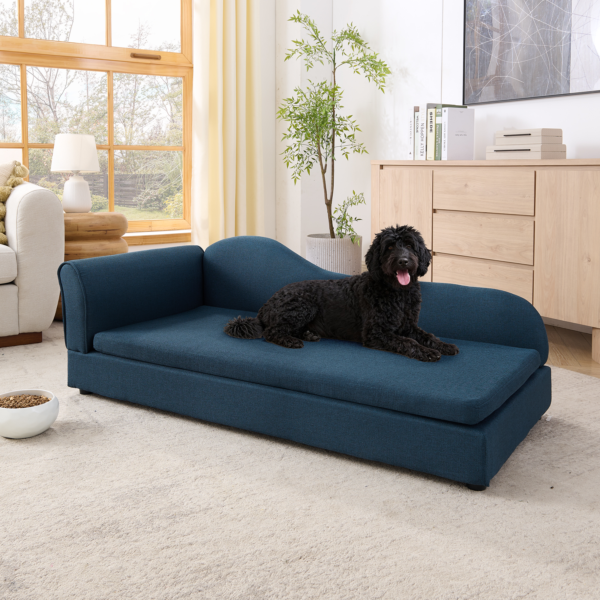 Oversized Pet Sofa for Medium/Large Dogs - Modern Irregular Wave Backrest, Single Armrest, Premium Breathable Linen Fabric, Soft Cushion & Low Plastic Feet-Dark Blue - Image 2