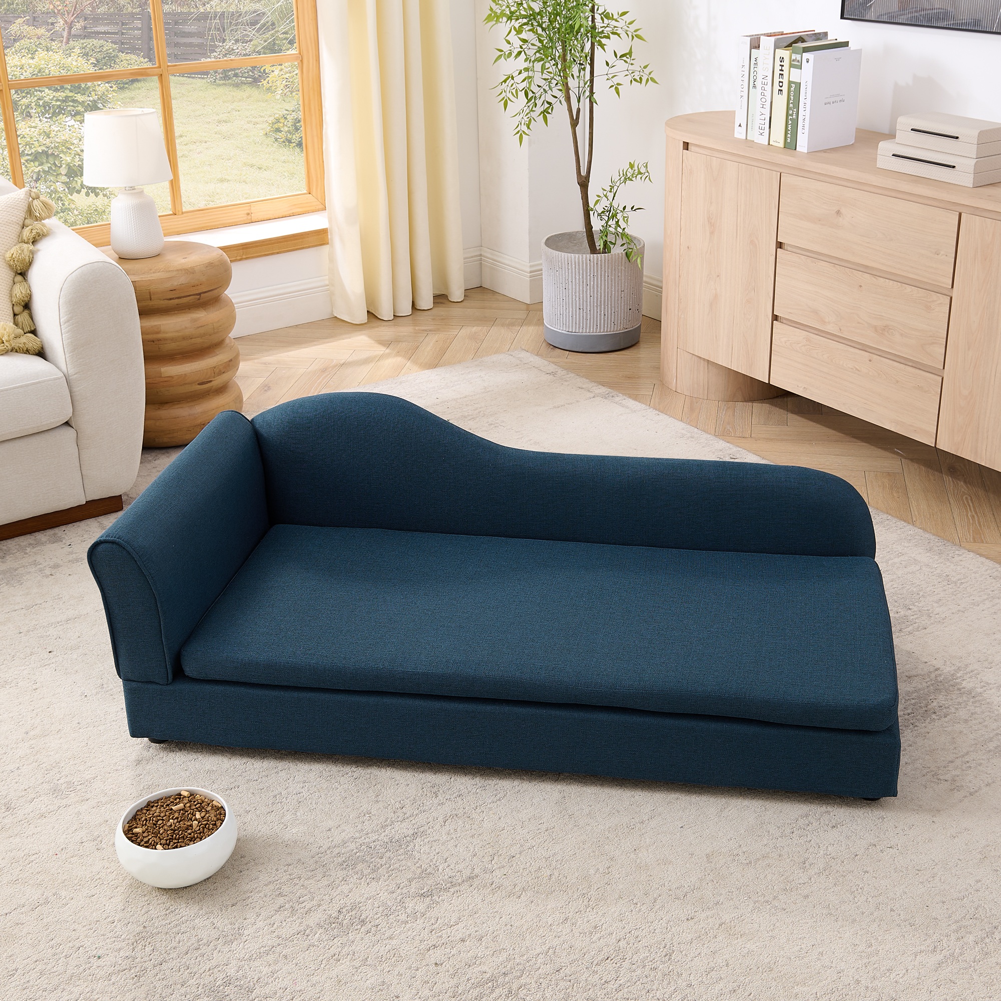 Oversized Pet Sofa for Medium/Large Dogs - Modern Irregular Wave Backrest, Single Armrest, Premium Breathable Linen Fabric, Soft Cushion & Low Plastic Feet-Dark Blue - Image 3