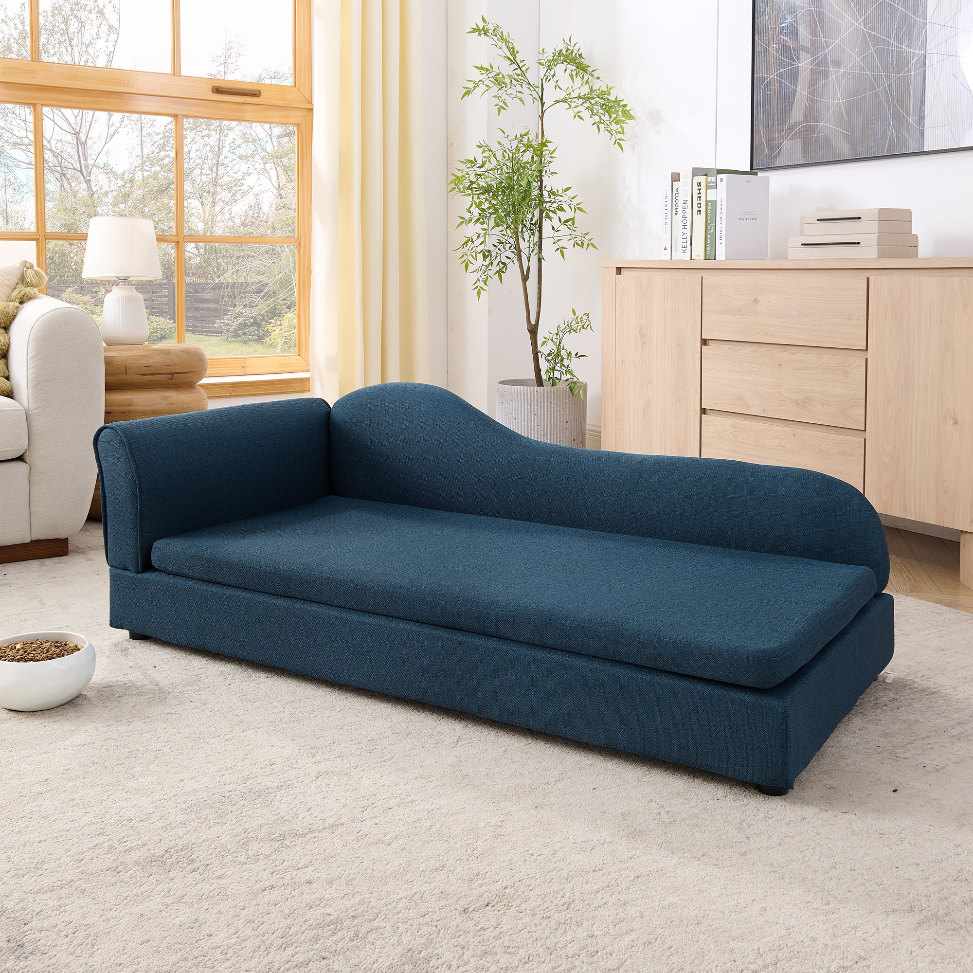 Oversized Pet Sofa for Medium/Large Dogs - Modern Irregular Wave Backrest, Single Armrest, Premium Breathable Linen Fabric, Soft Cushion & Low Plastic Feet-Dark Blue - Image 4