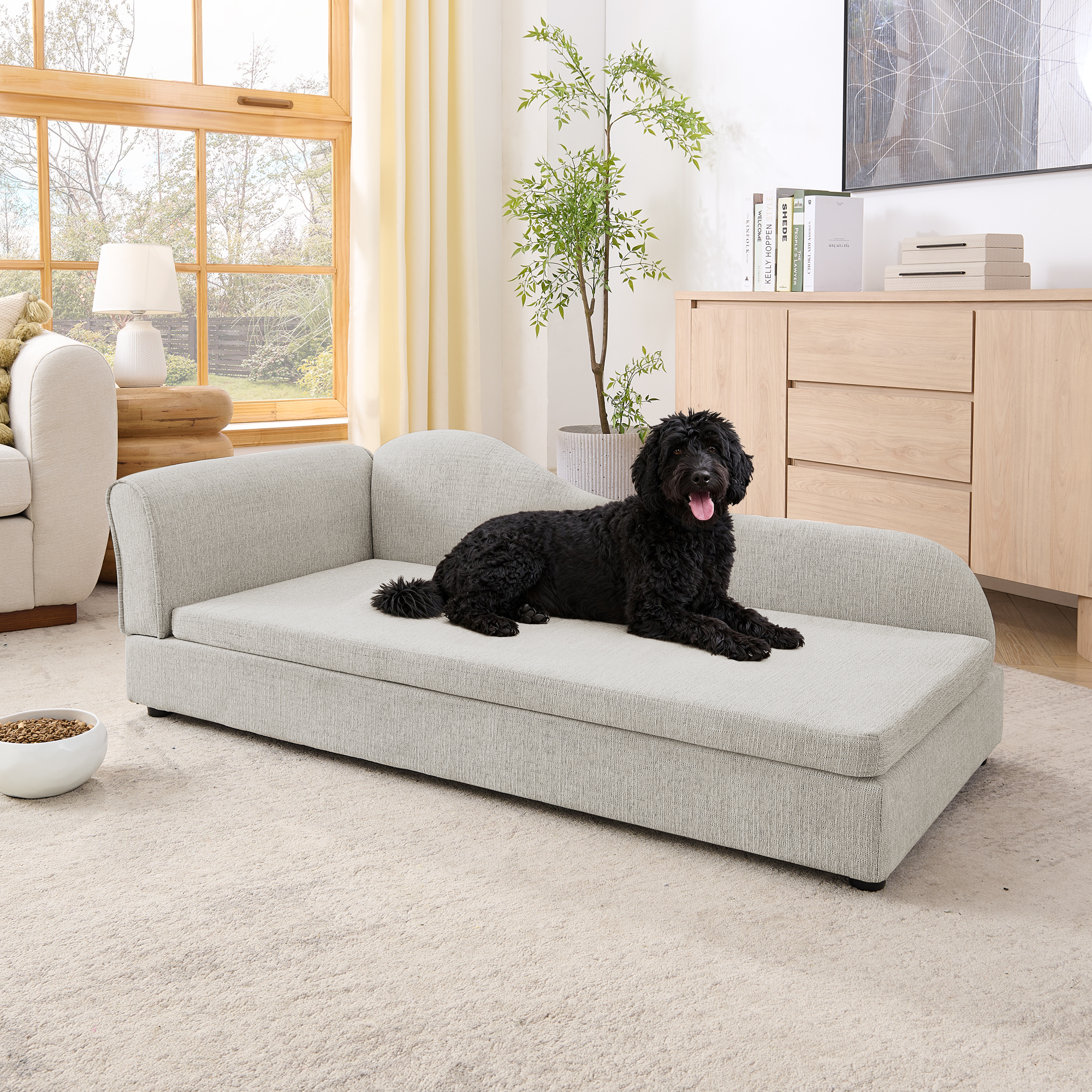 Oversized Pet Sofa for Medium/Large Dogs - Modern Irregular Wave Backrest, Single Armrest, Premium Breathable Linen Fabric, Soft Cushion & Low Plastic Feet-Beige - Image 2