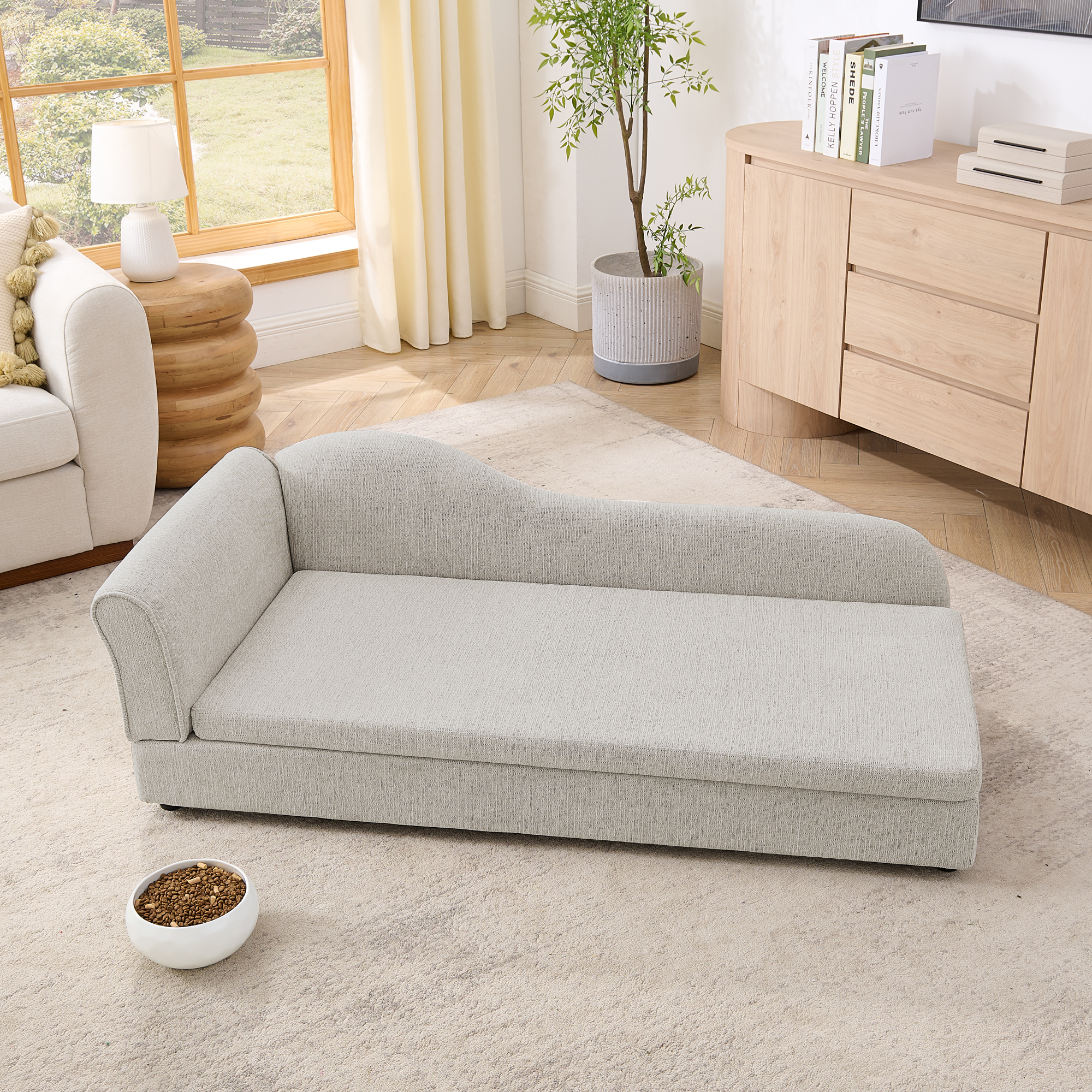 Oversized Pet Sofa for Medium/Large Dogs - Modern Irregular Wave Backrest, Single Armrest, Premium Breathable Linen Fabric, Soft Cushion & Low Plastic Feet-Beige - Image 4