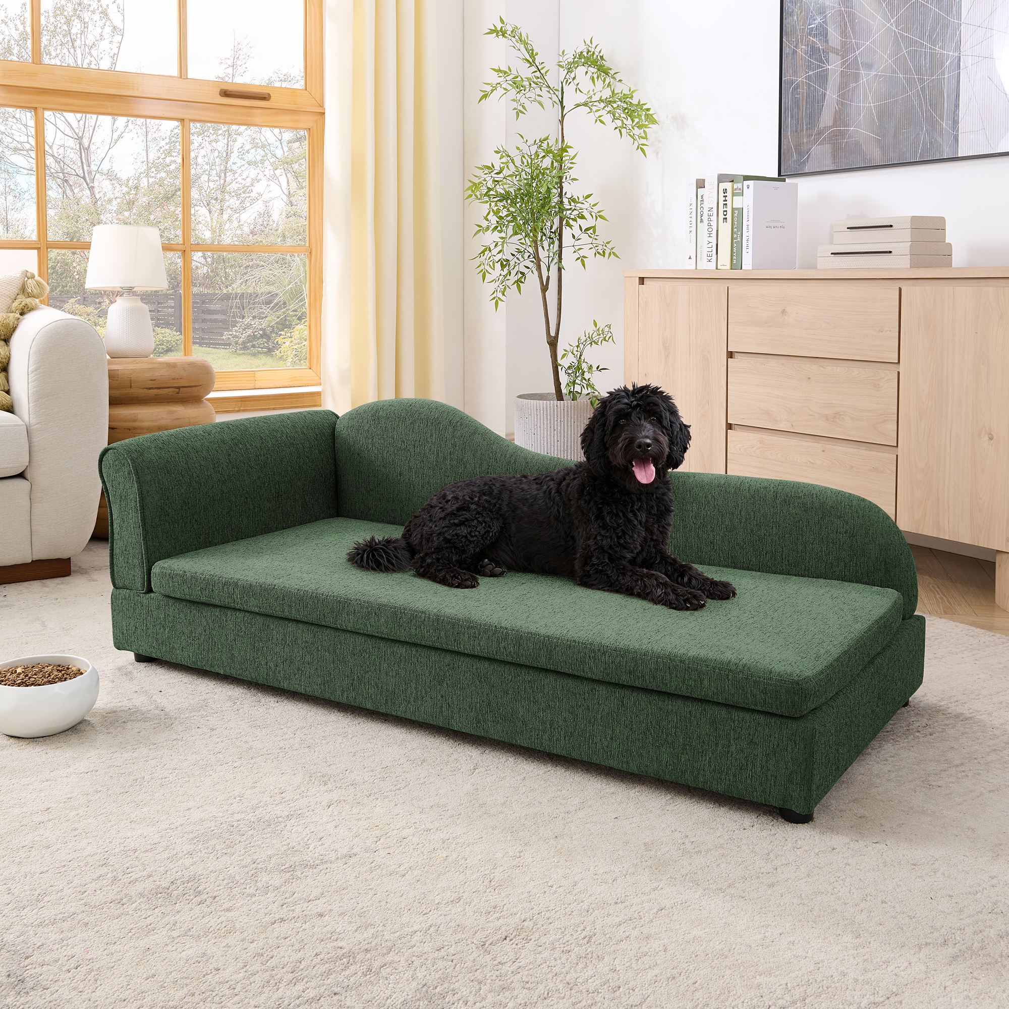 Oversized Pet Sofa for Medium/Large Dogs - Modern Irregular Wave Backrest, Single Armrest, Premium Breathable Linen Fabric, Soft Cushion & Low Plastic Feet-Olive Green - Image 2