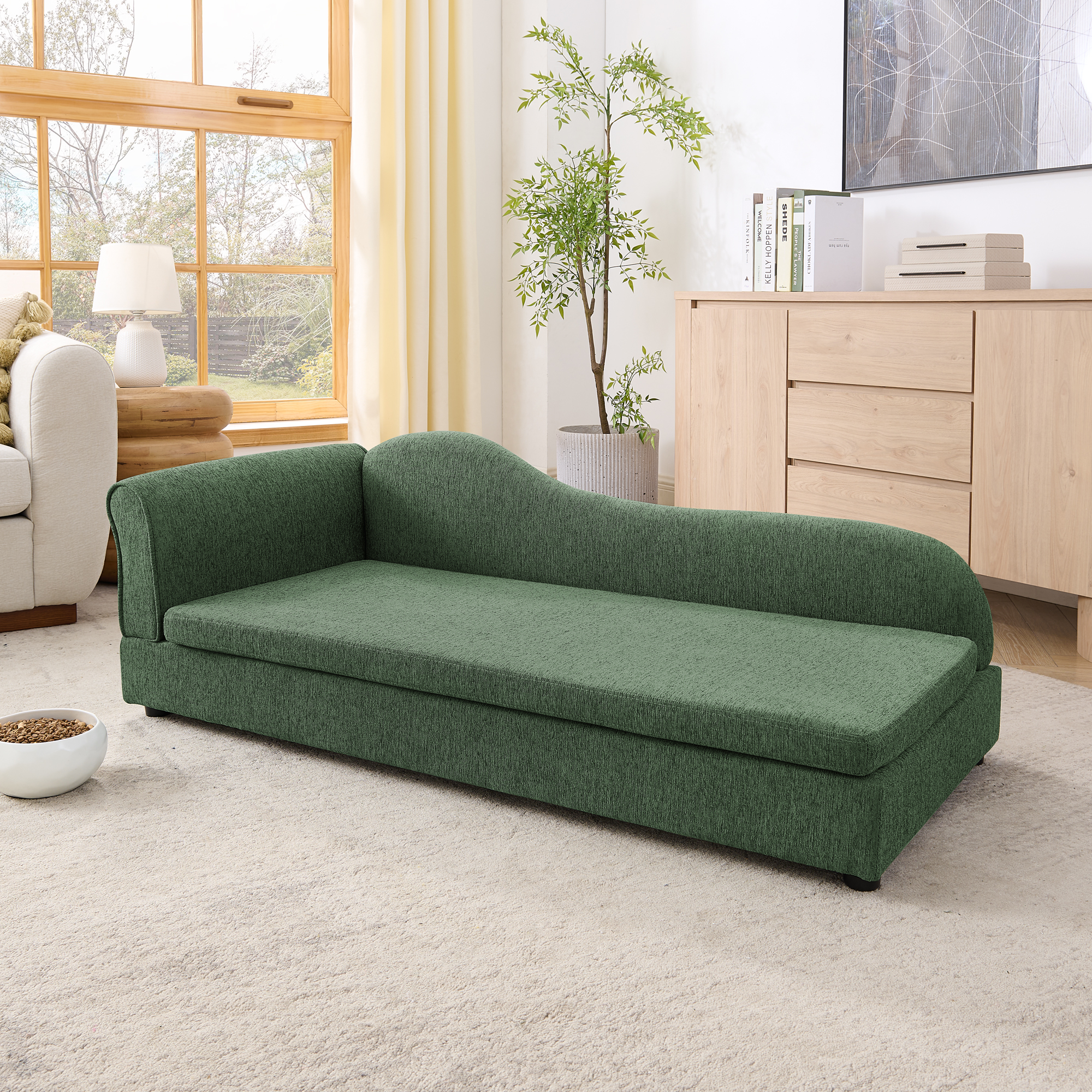Oversized Pet Sofa for Medium/Large Dogs - Modern Irregular Wave Backrest, Single Armrest, Premium Breathable Linen Fabric, Soft Cushion & Low Plastic Feet-Olive Green - Image 3