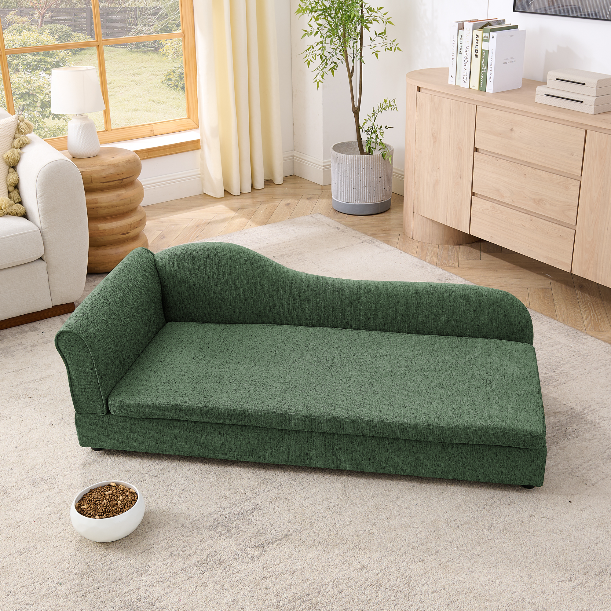 Oversized Pet Sofa for Medium/Large Dogs - Modern Irregular Wave Backrest, Single Armrest, Premium Breathable Linen Fabric, Soft Cushion & Low Plastic Feet-Olive Green - Image 4