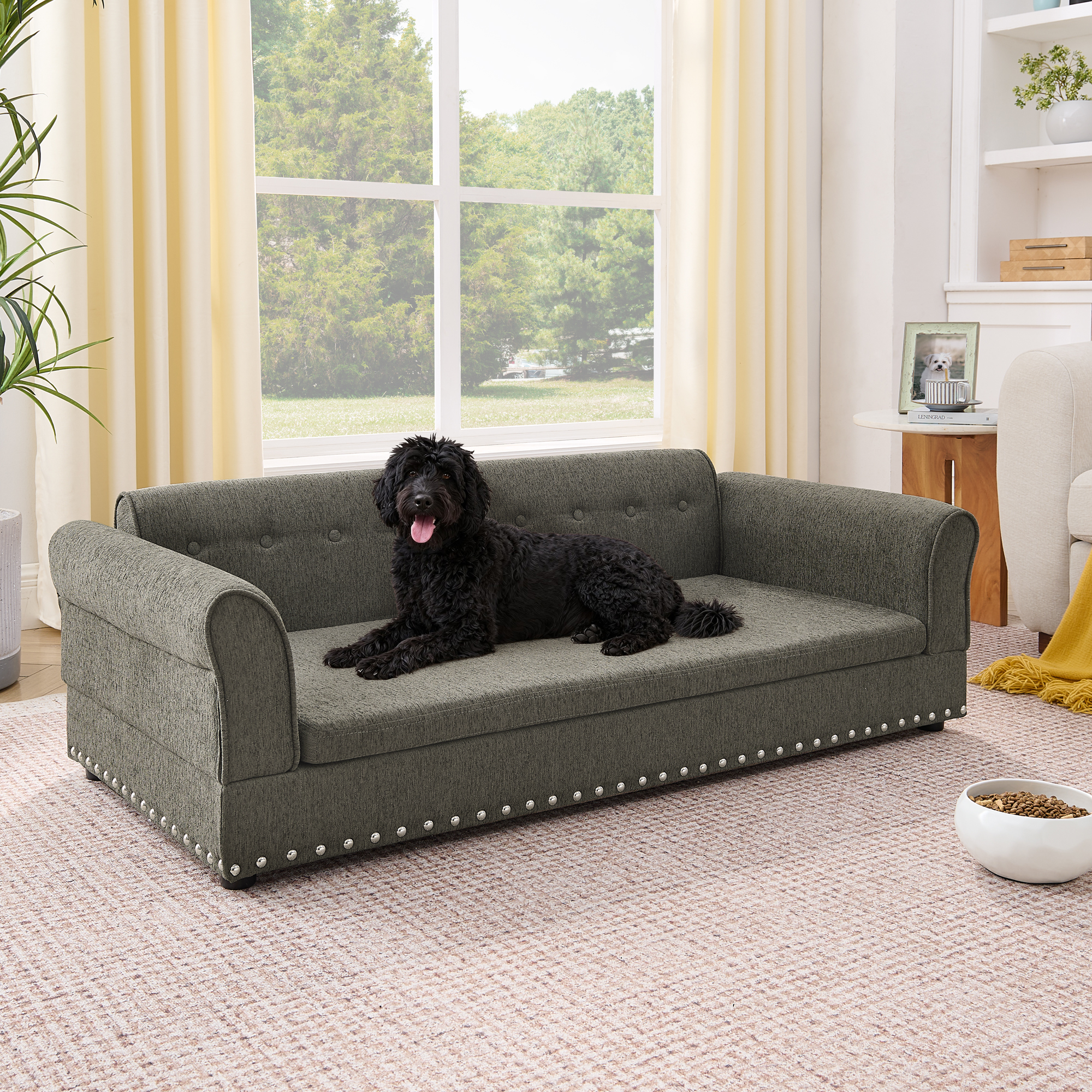 Oversized Pet Sofa ,Elegant Modern Linen Fabric Elevated Dog Sofa Bed, Comfortable Oversized Rectangular Pet Bed with Backrest & Armrest for Large & Oversized Dogs-Dark Grey - Image 2