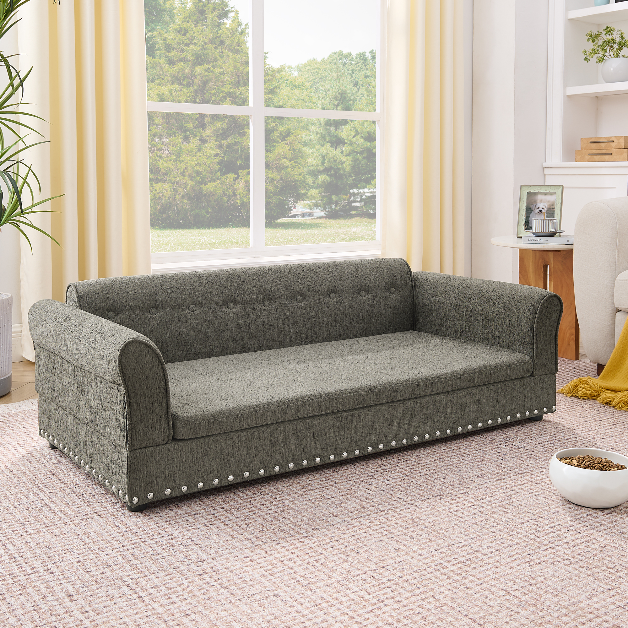 Oversized Pet Sofa ,Elegant Modern Linen Fabric Elevated Dog Sofa Bed, Comfortable Oversized Rectangular Pet Bed with Backrest & Armrest for Large & Oversized Dogs-Dark Grey - Image 3