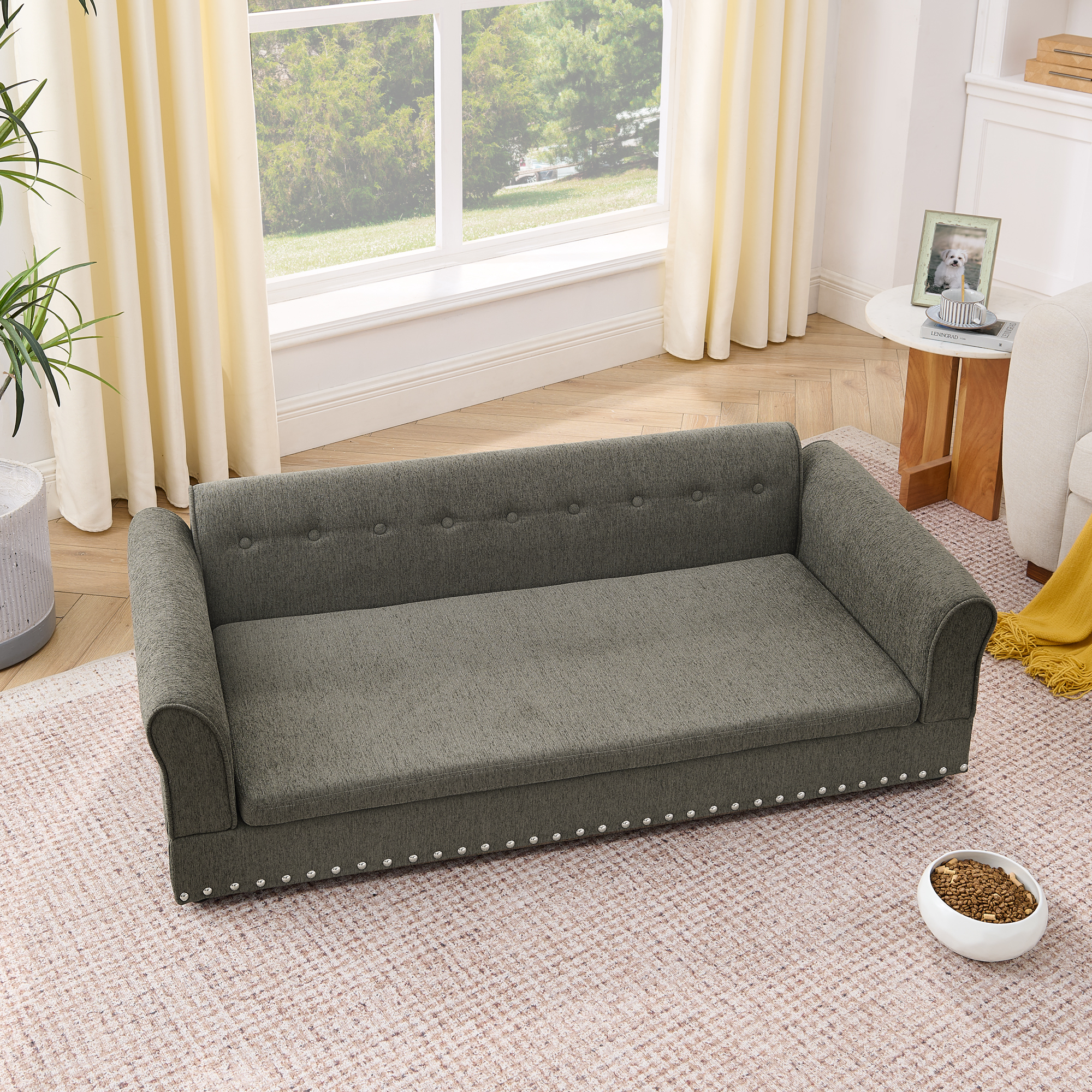 Oversized Pet Sofa ,Elegant Modern Linen Fabric Elevated Dog Sofa Bed, Comfortable Oversized Rectangular Pet Bed with Backrest & Armrest for Large & Oversized Dogs-Dark Grey - Image 4