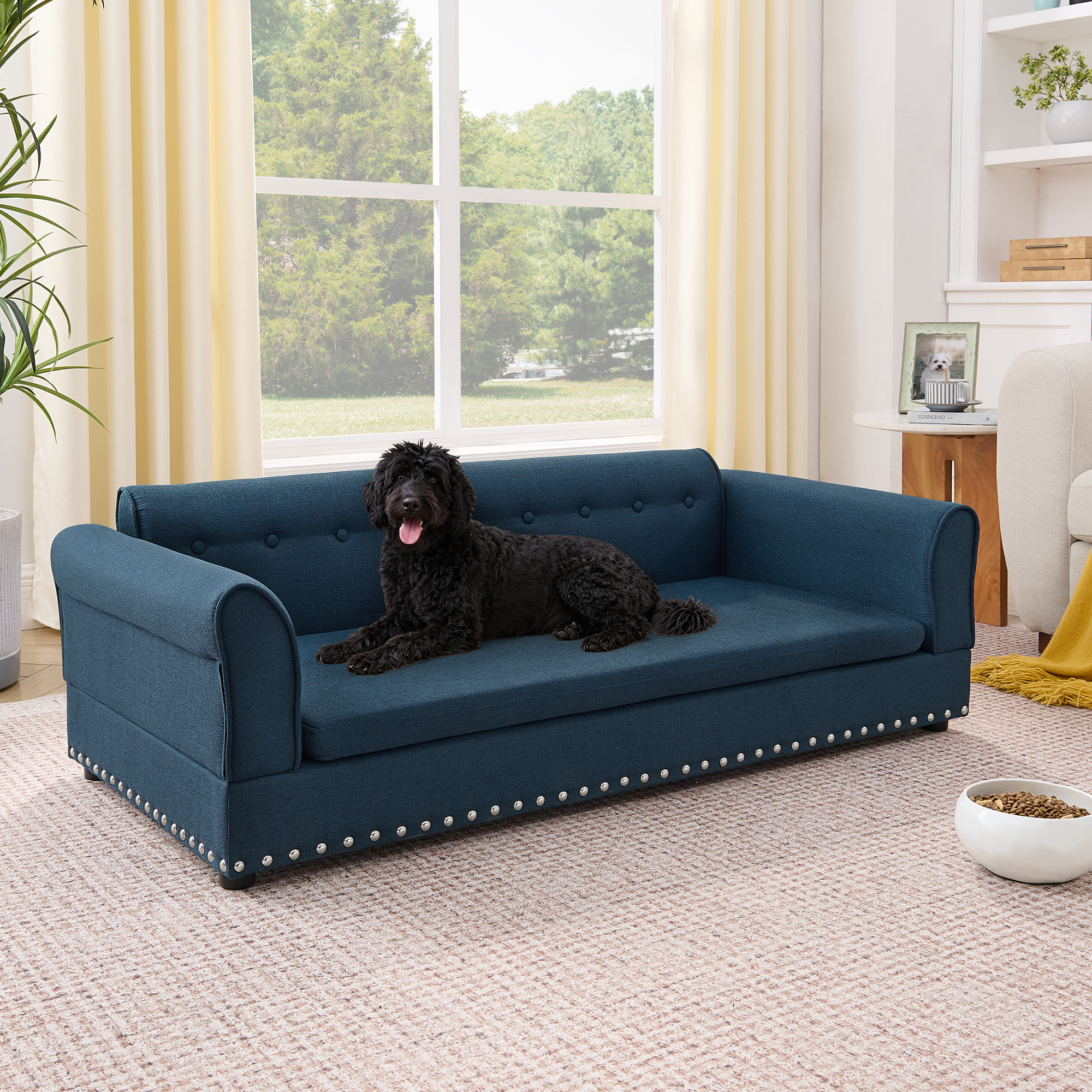 Oversized Pet Sofa ,Elegant Modern Linen Fabric Elevated Dog Sofa Bed, Comfortable Oversized Rectangular Pet Bed with Backrest & Armrest for Large & Oversized Dogs-Dark Blue - Image 2