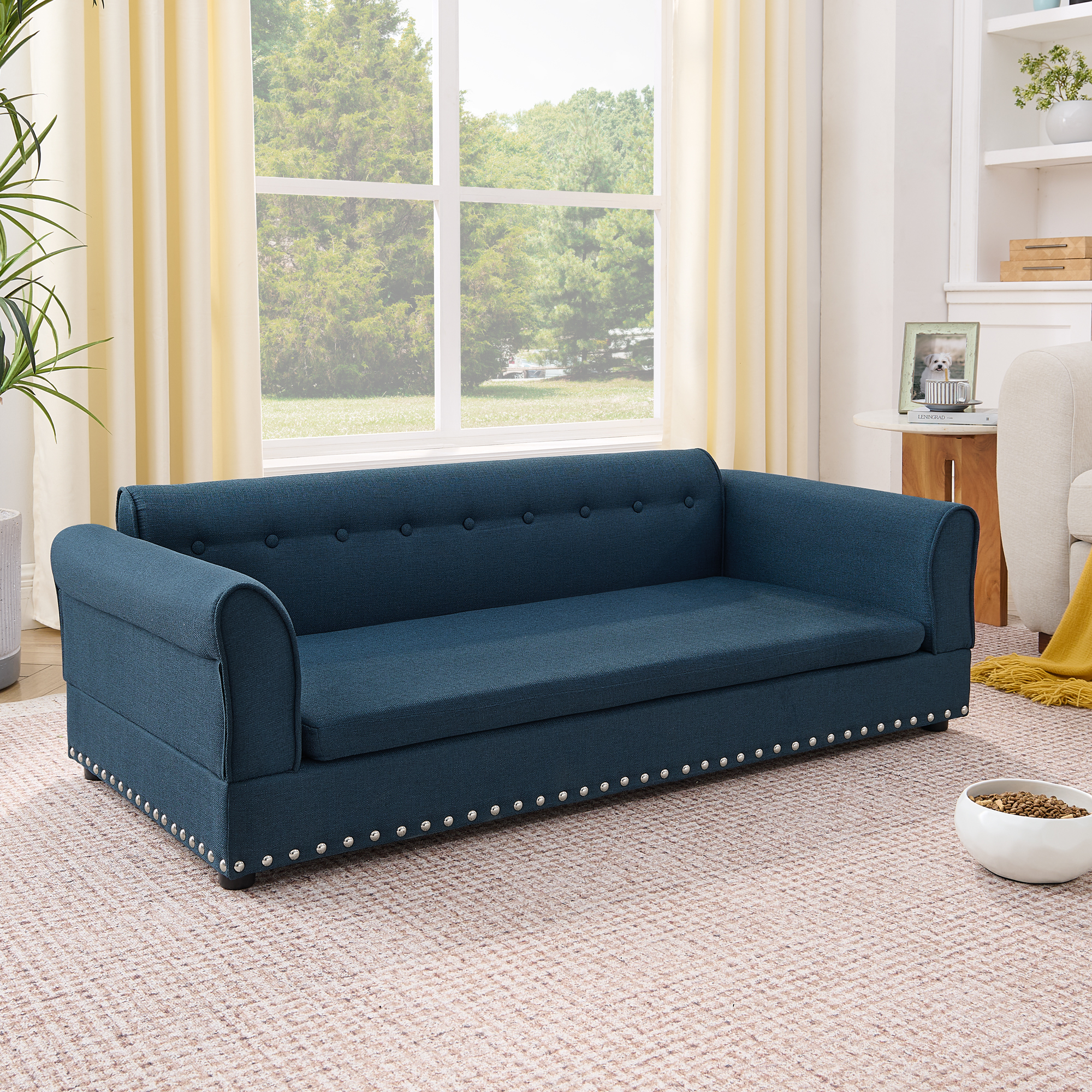 Oversized Pet Sofa ,Elegant Modern Linen Fabric Elevated Dog Sofa Bed, Comfortable Oversized Rectangular Pet Bed with Backrest & Armrest for Large & Oversized Dogs-Dark Blue - Image 3
