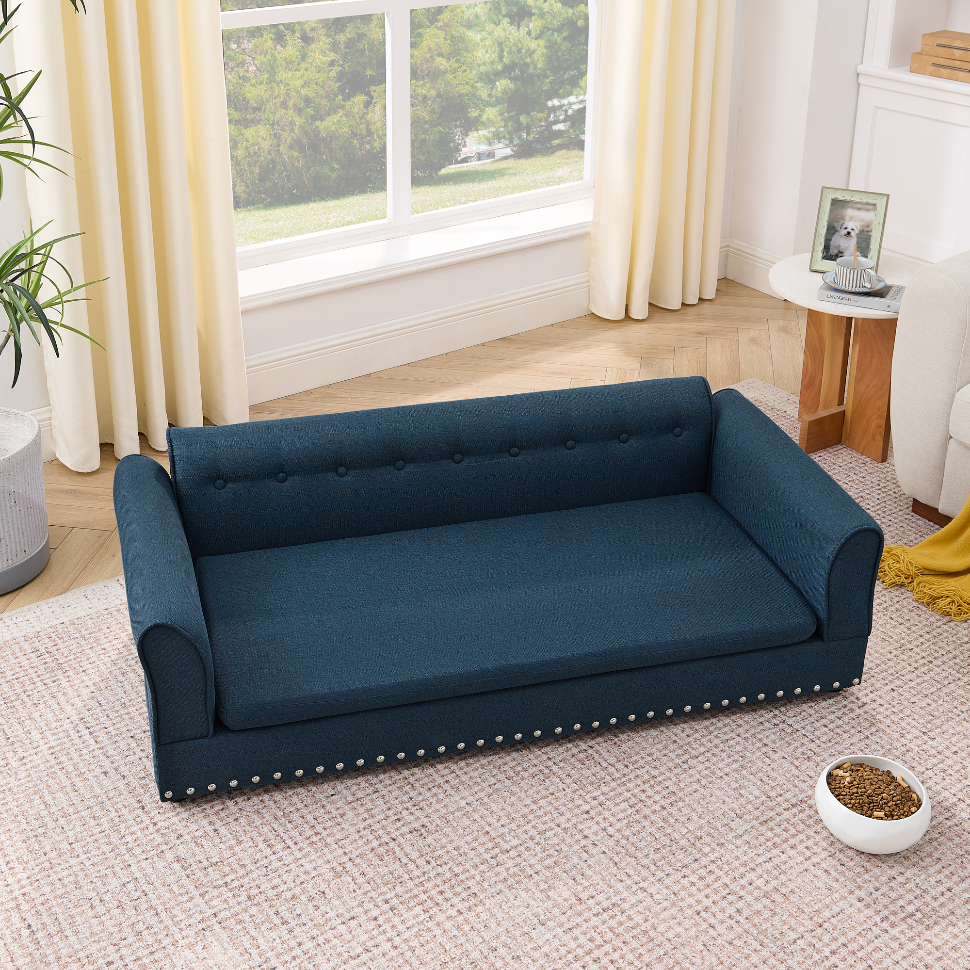 Oversized Pet Sofa ,Elegant Modern Linen Fabric Elevated Dog Sofa Bed, Comfortable Oversized Rectangular Pet Bed with Backrest & Armrest for Large & Oversized Dogs-Dark Blue - Image 4