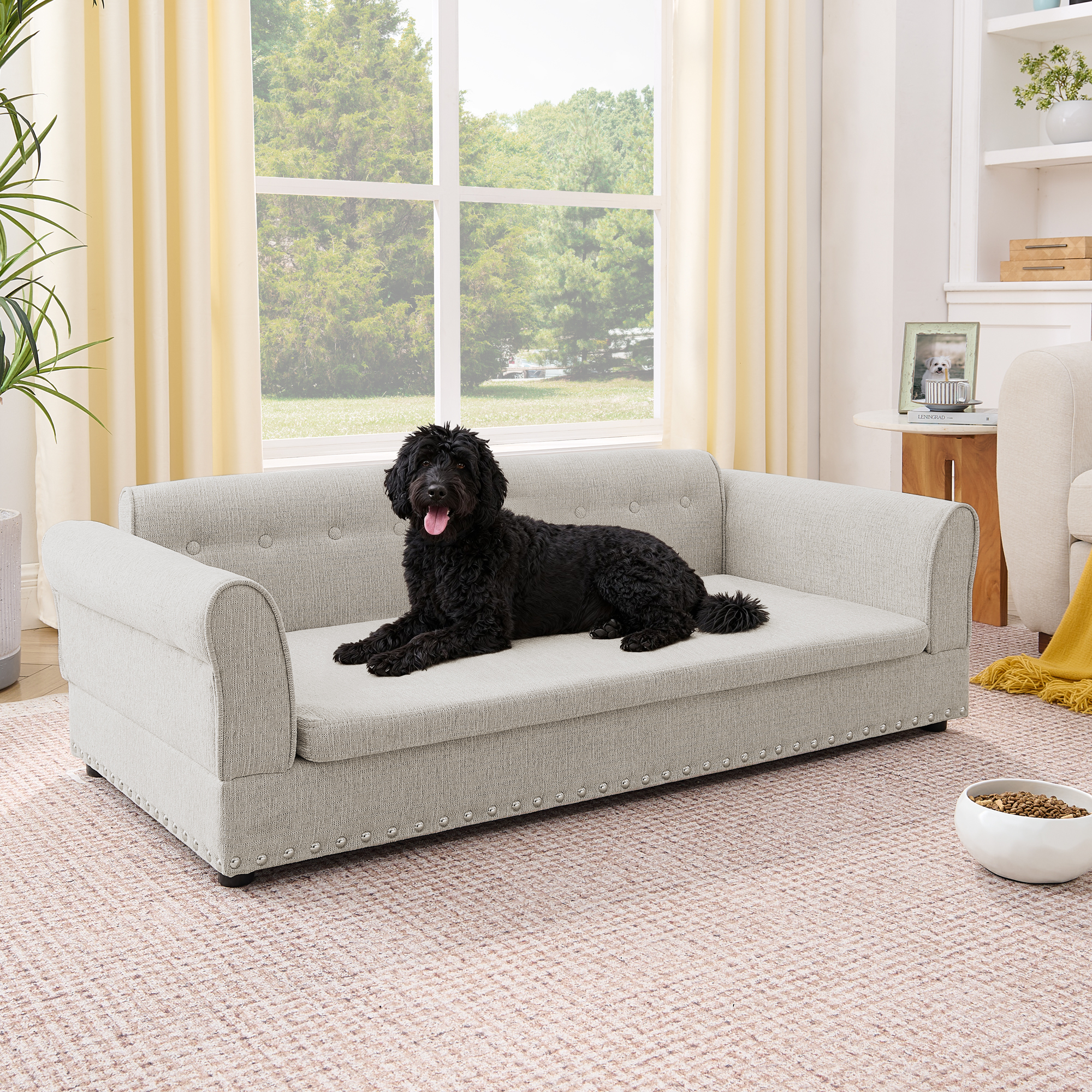 Oversized Pet Sofa ,Elegant Modern Linen Fabric Elevated Dog Sofa Bed, Comfortable Oversized Rectangular Pet Bed with Backrest & Armrest for Large & Oversized Dogs-Beige - Image 2