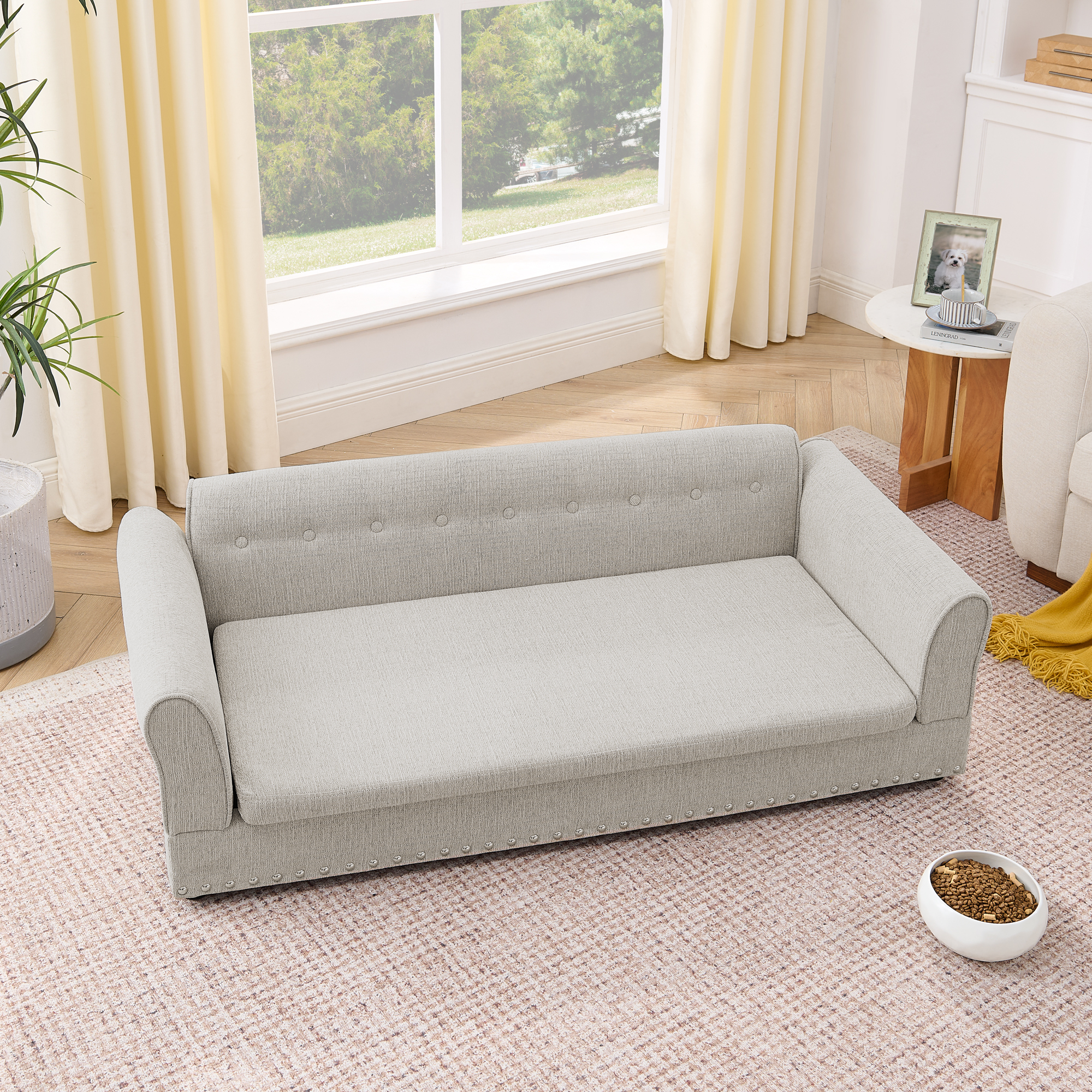 Oversized Pet Sofa ,Elegant Modern Linen Fabric Elevated Dog Sofa Bed, Comfortable Oversized Rectangular Pet Bed with Backrest & Armrest for Large & Oversized Dogs-Beige - Image 4