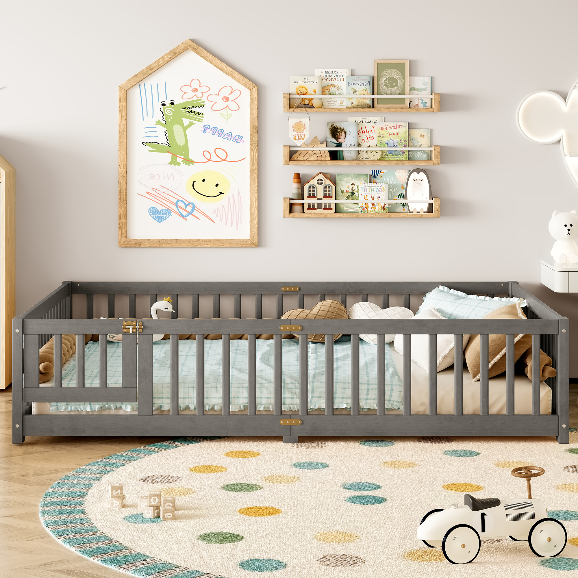 Queen Size Bed Floor Bed with Safety Guardrails and Door for Kids, Wood grain gray. - Image 1
