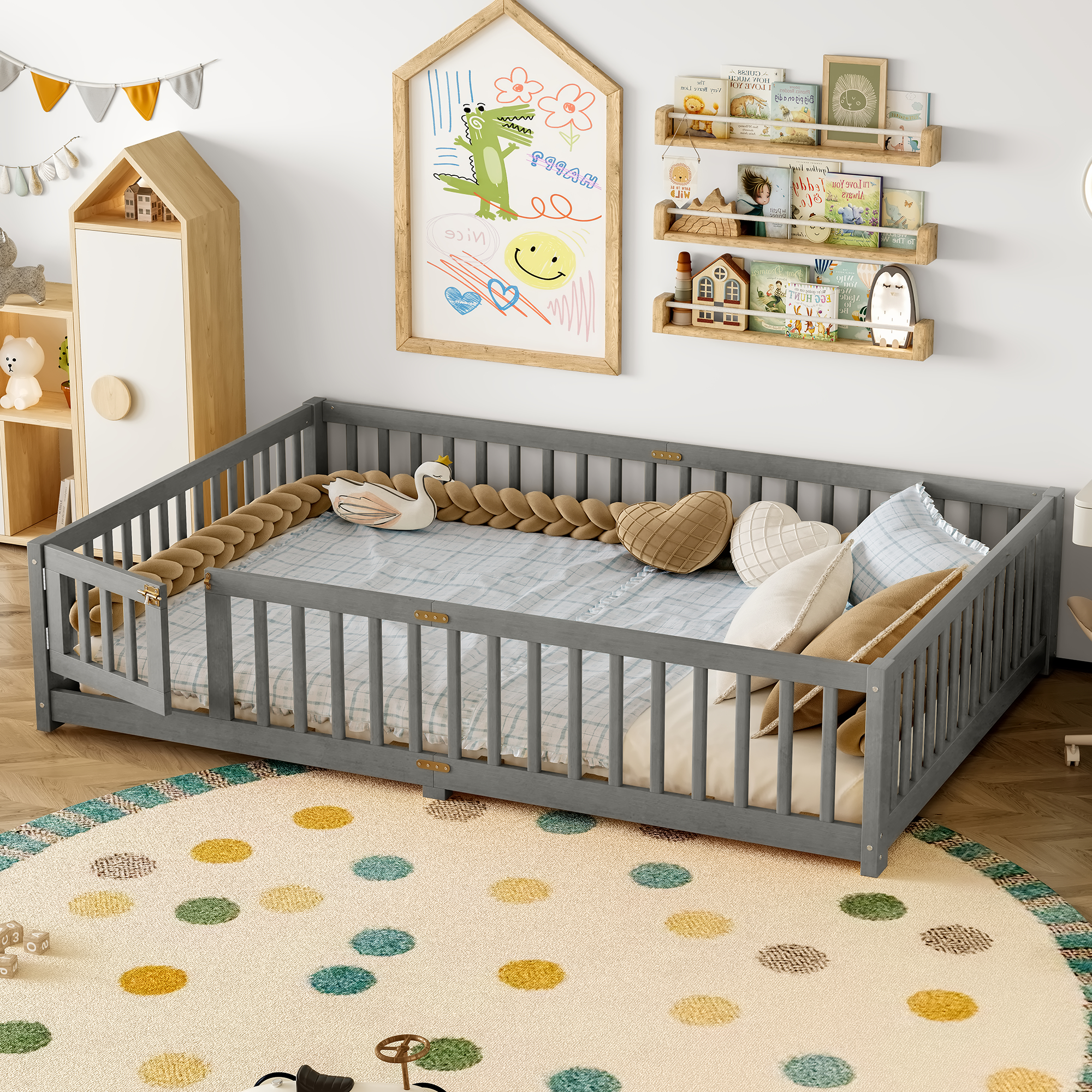 Queen Size Bed Floor Bed with Safety Guardrails and Door for Kids, Wood grain gray. - Image 2