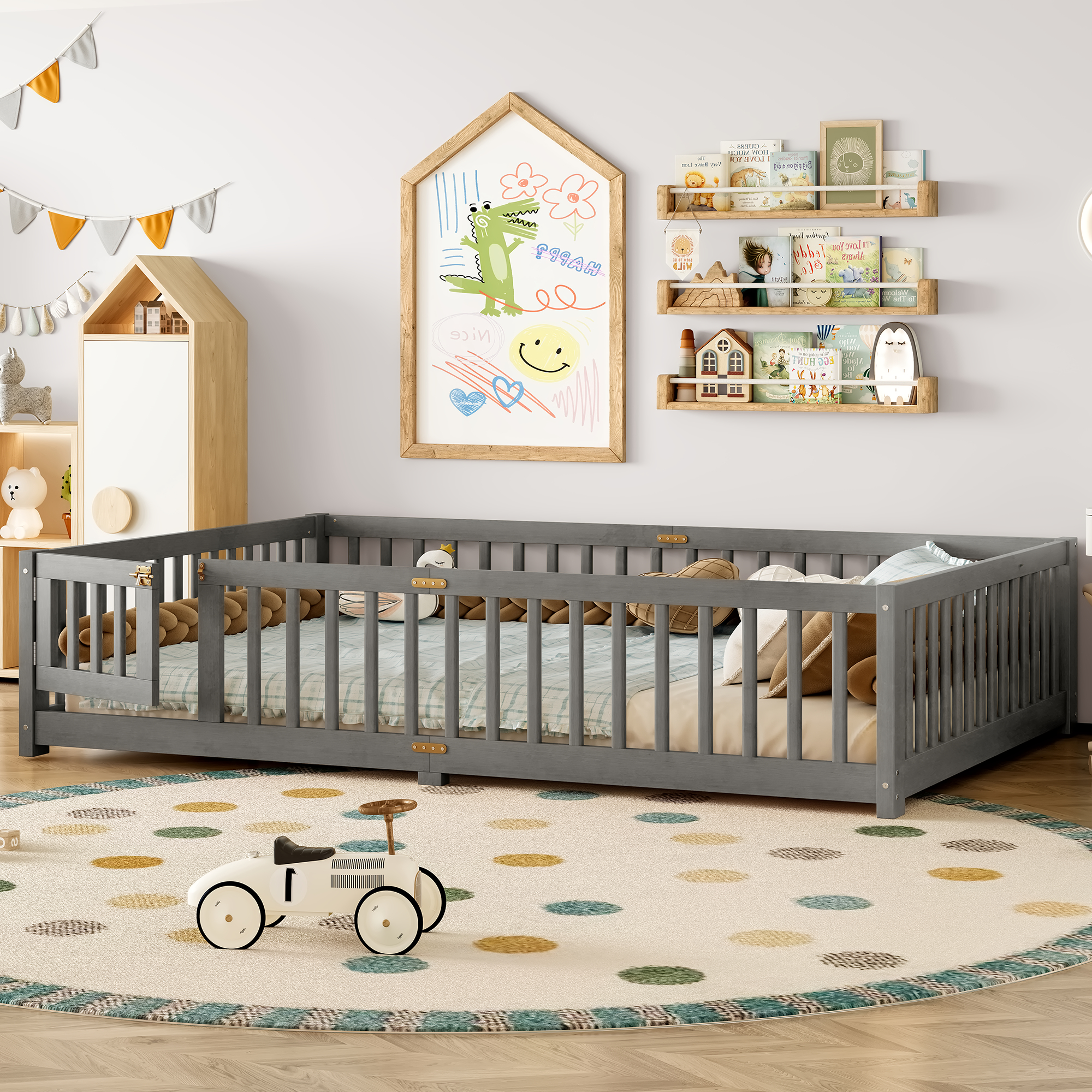 Queen Size Bed Floor Bed with Safety Guardrails and Door for Kids, Wood grain gray. - Image 3