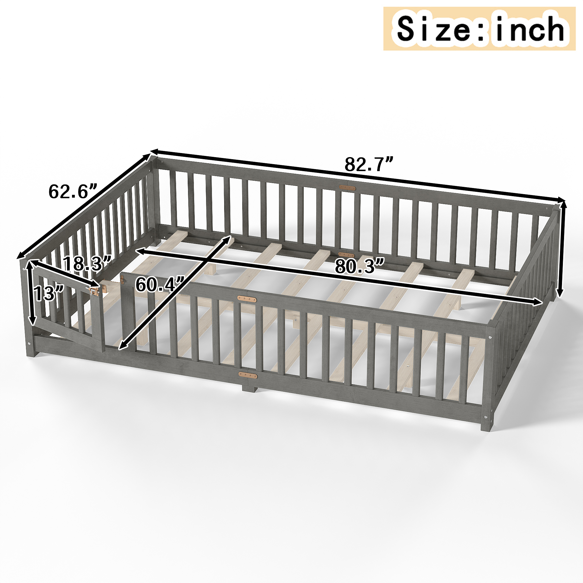 Queen Size Bed Floor Bed with Safety Guardrails and Door for Kids, Wood grain gray. - Image 4