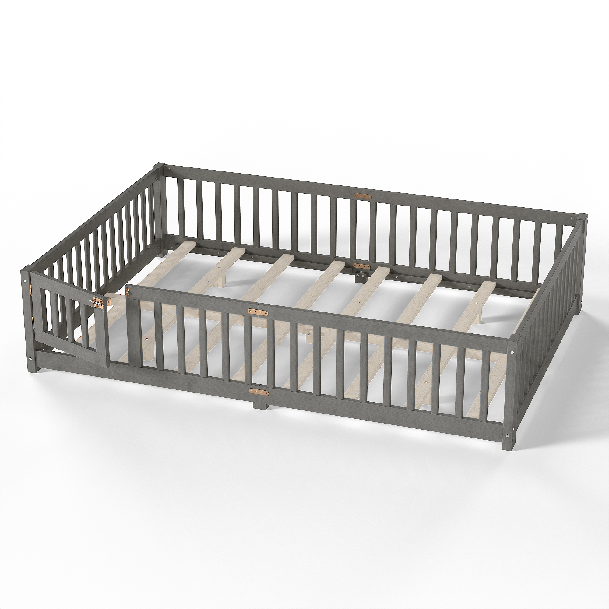 Queen Size Bed Floor Bed with Safety Guardrails and Door for Kids, Wood grain gray. - Image 5