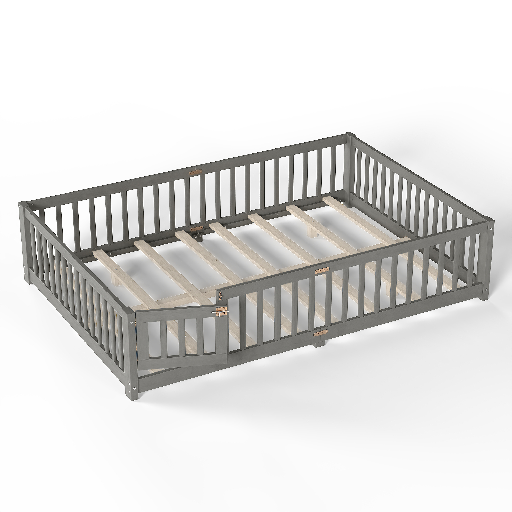 Queen Size Bed Floor Bed with Safety Guardrails and Door for Kids, Wood grain gray. - Image 6