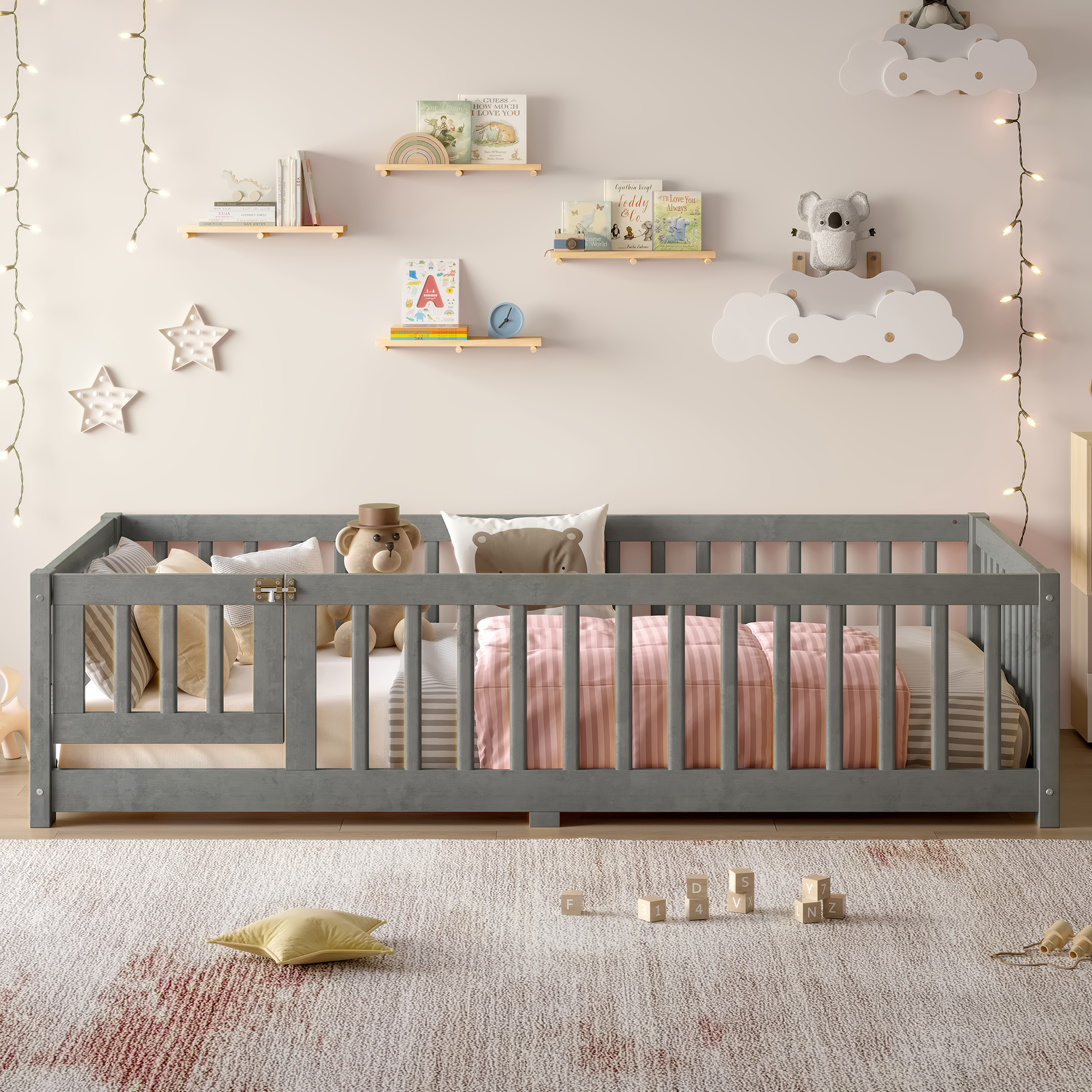 Twin Size Bed Floor Bed with Safety Guardrails and Door for Kids, Wood grain gray. - Image 1