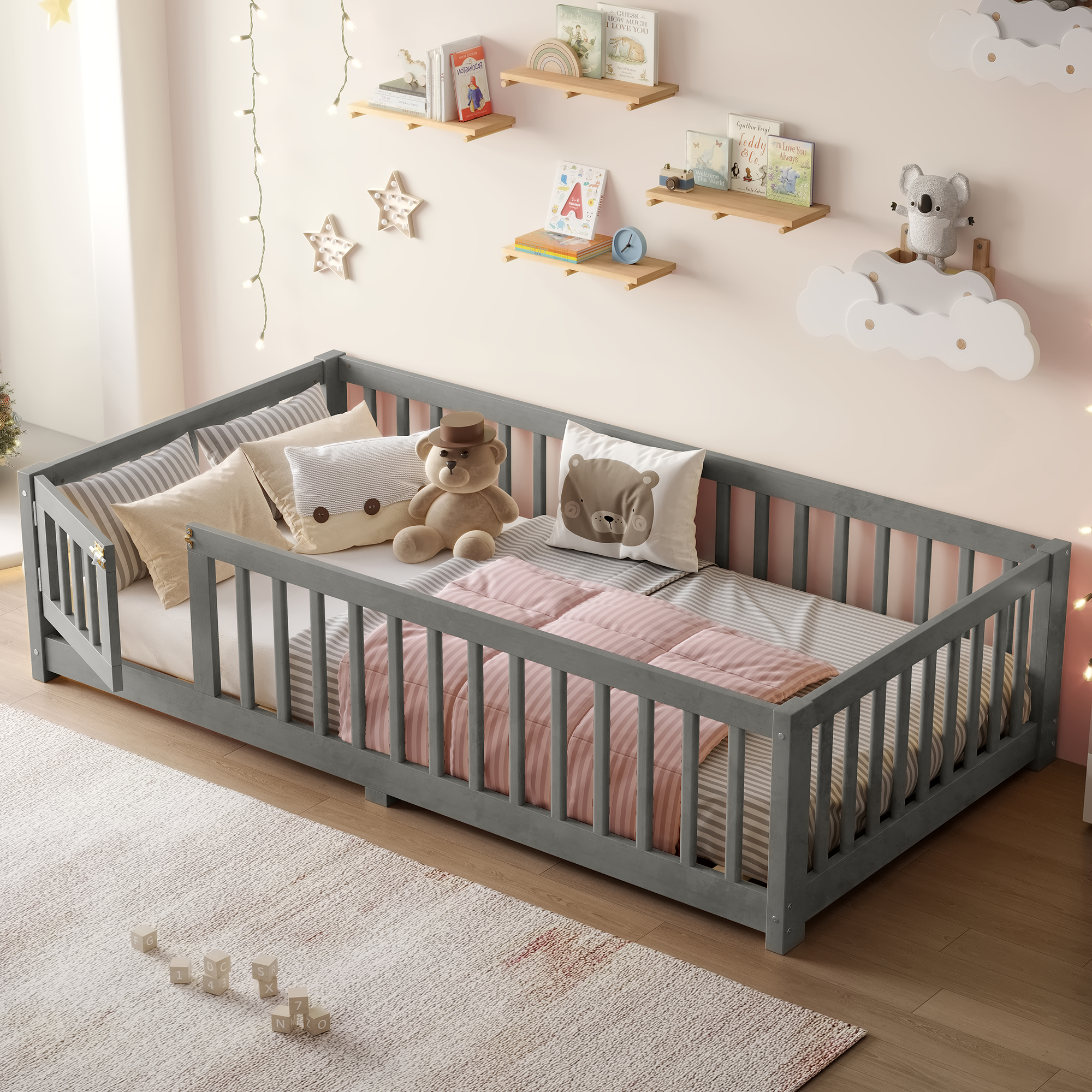 Twin Size Bed Floor Bed with Safety Guardrails and Door for Kids, Wood grain gray. - Image 2