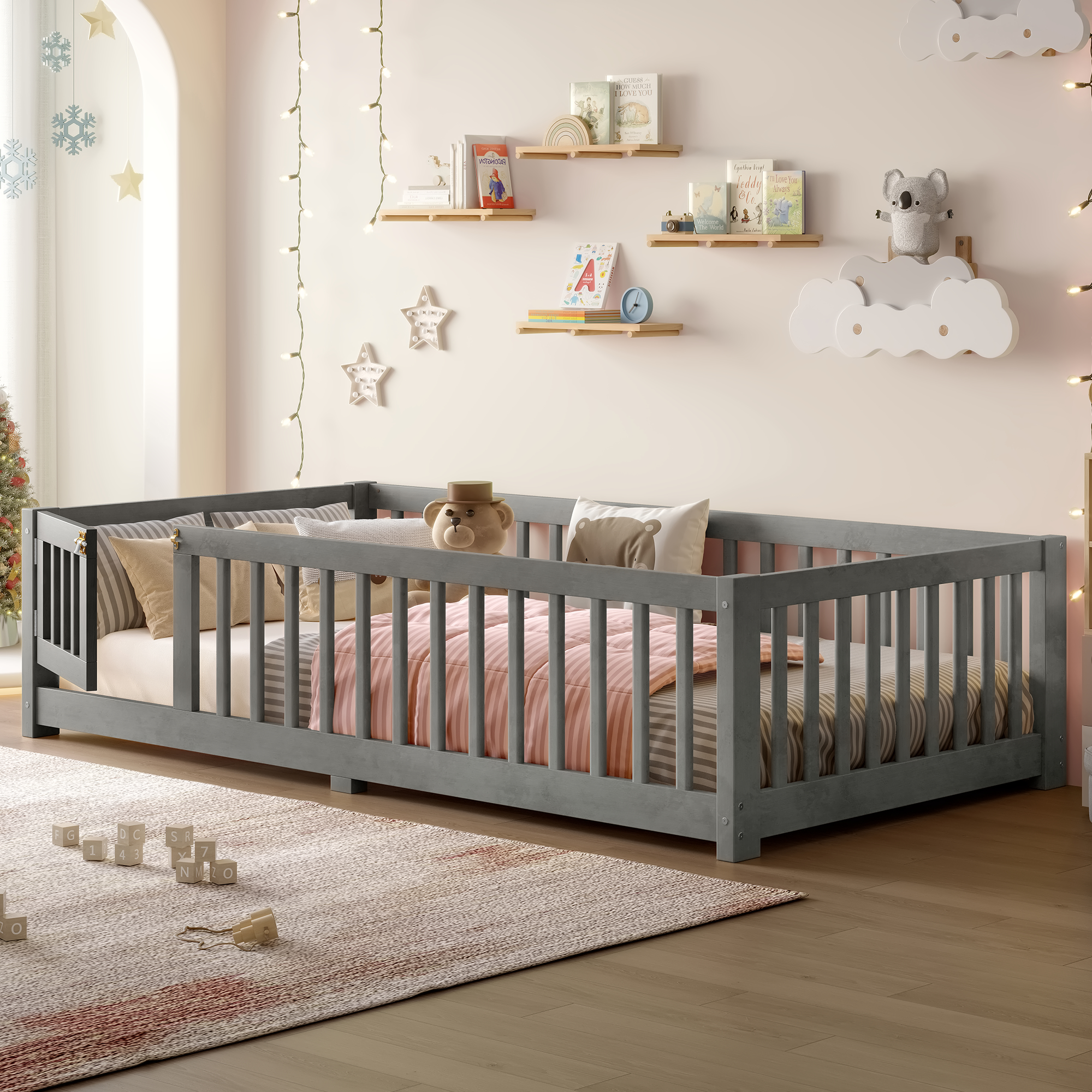 Twin Size Bed Floor Bed with Safety Guardrails and Door for Kids, Wood grain gray. - Image 3