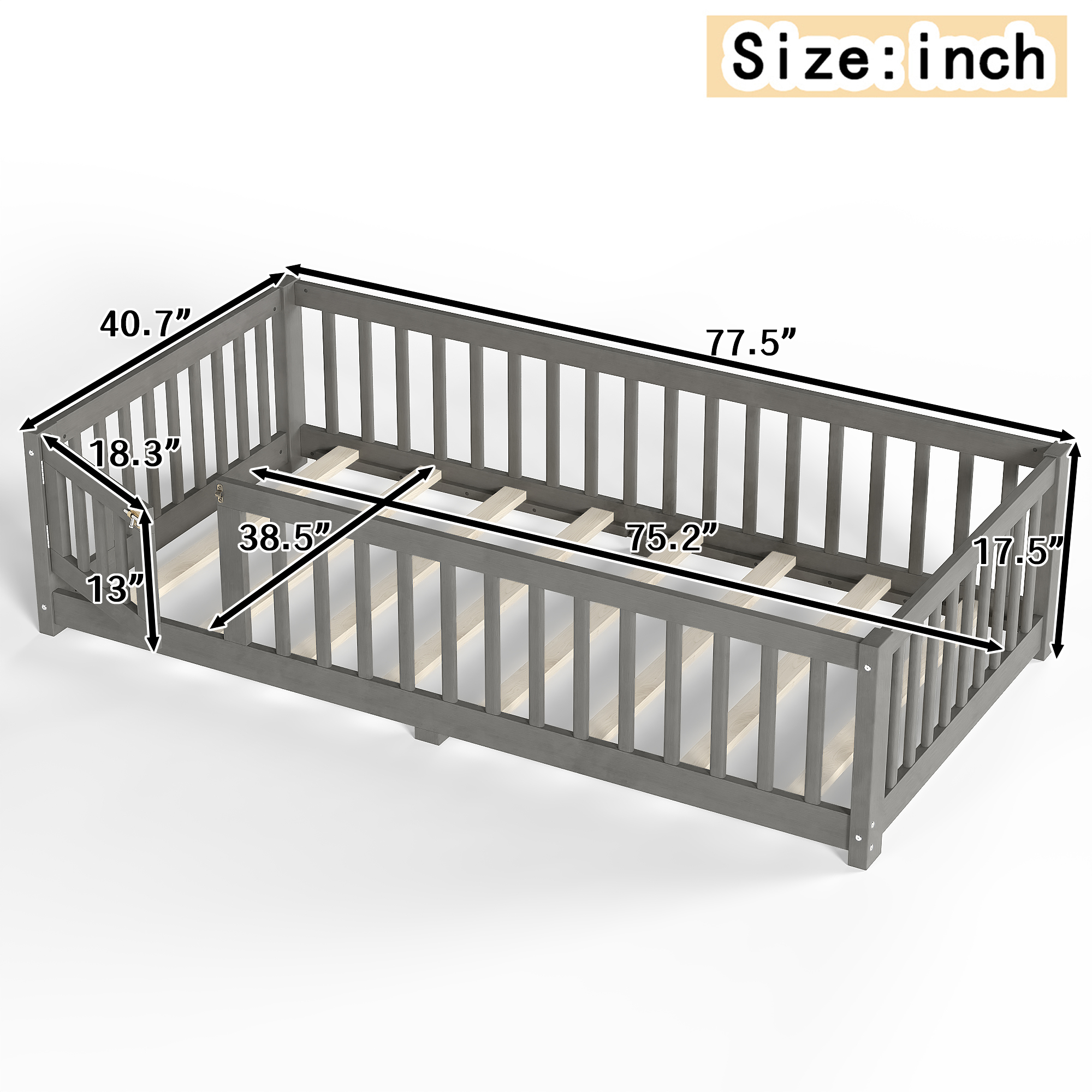 Twin Size Bed Floor Bed with Safety Guardrails and Door for Kids, Wood grain gray. - Image 4