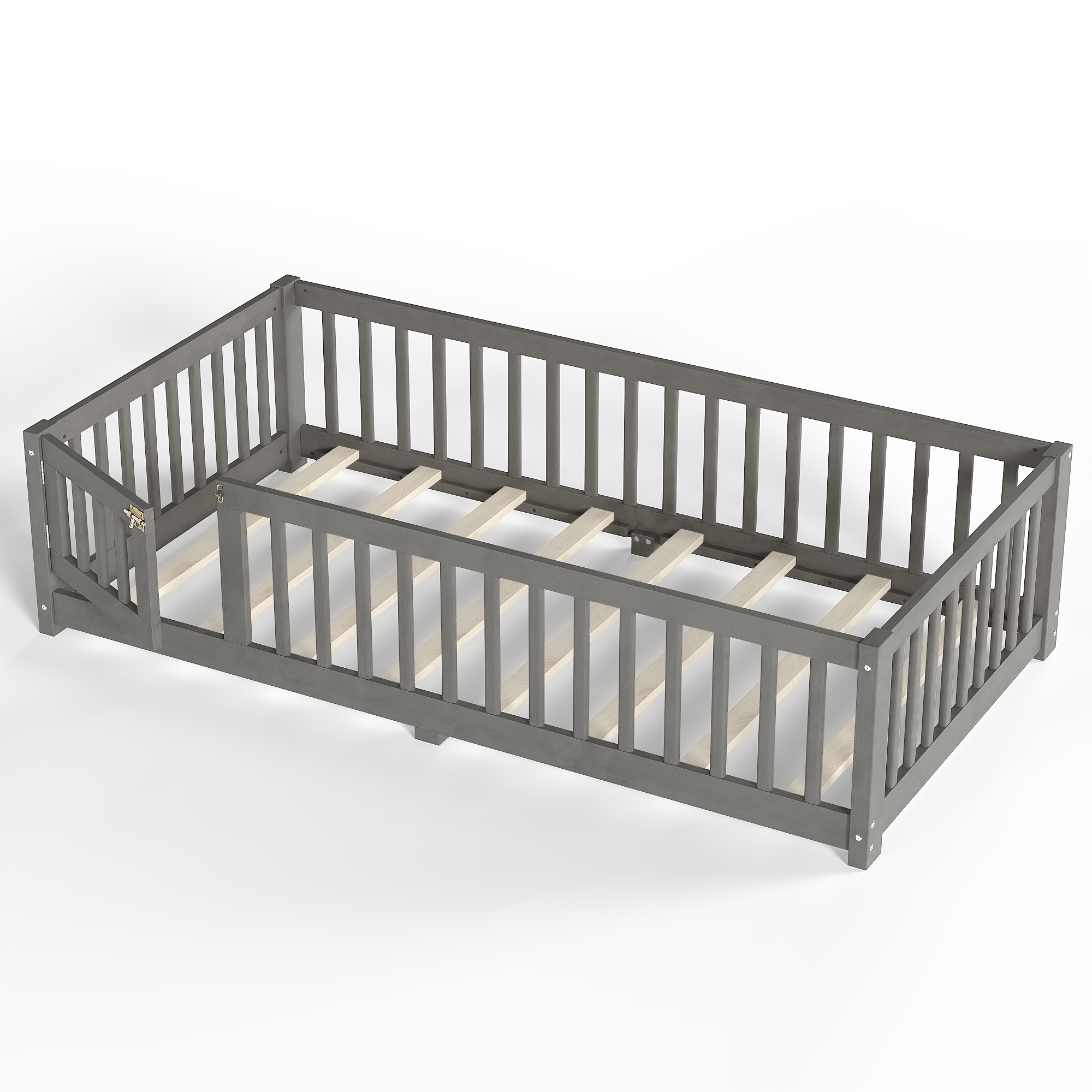 Twin Size Bed Floor Bed with Safety Guardrails and Door for Kids, Wood grain gray. - Image 5