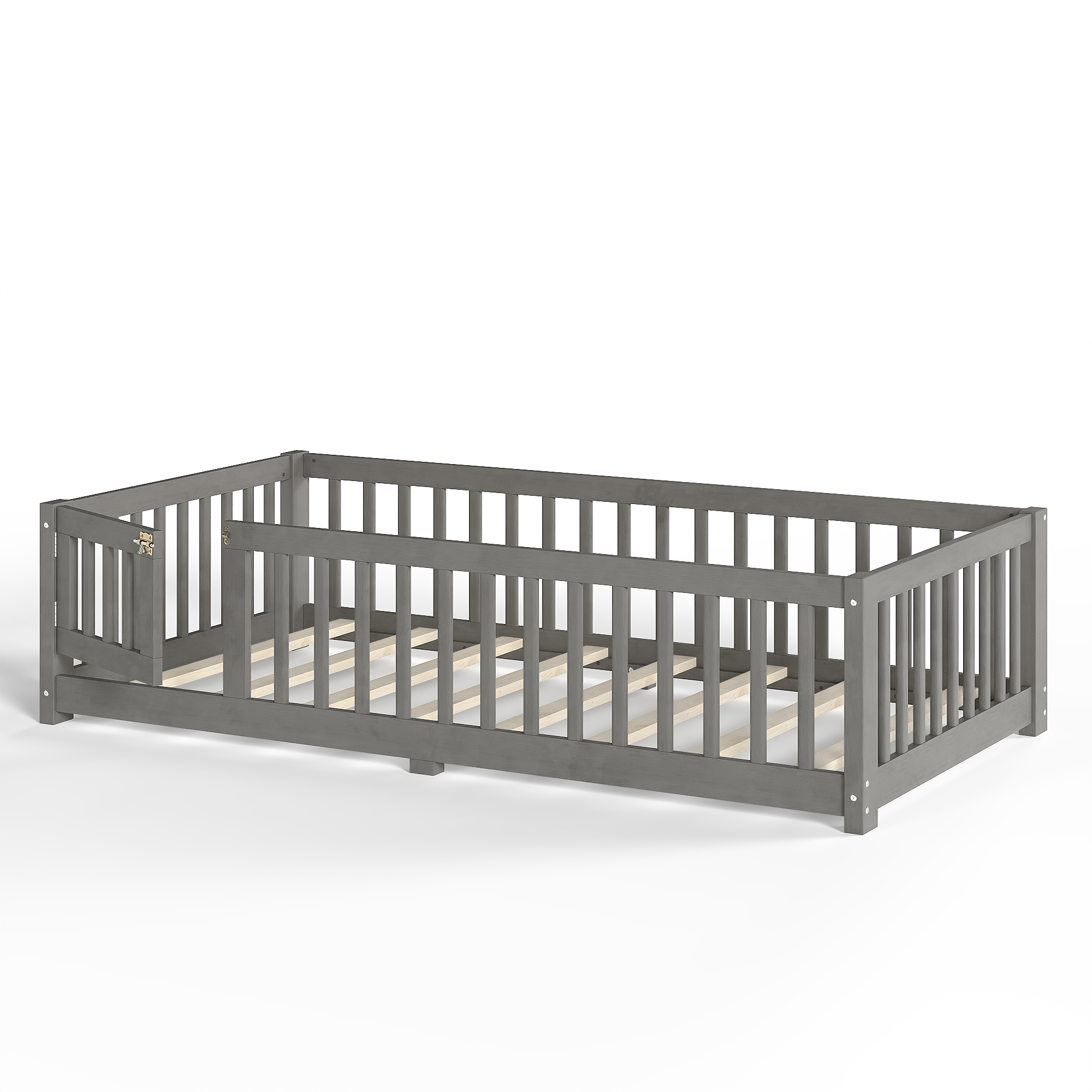 Twin Size Bed Floor Bed with Safety Guardrails and Door for Kids, Wood grain gray. - Image 6