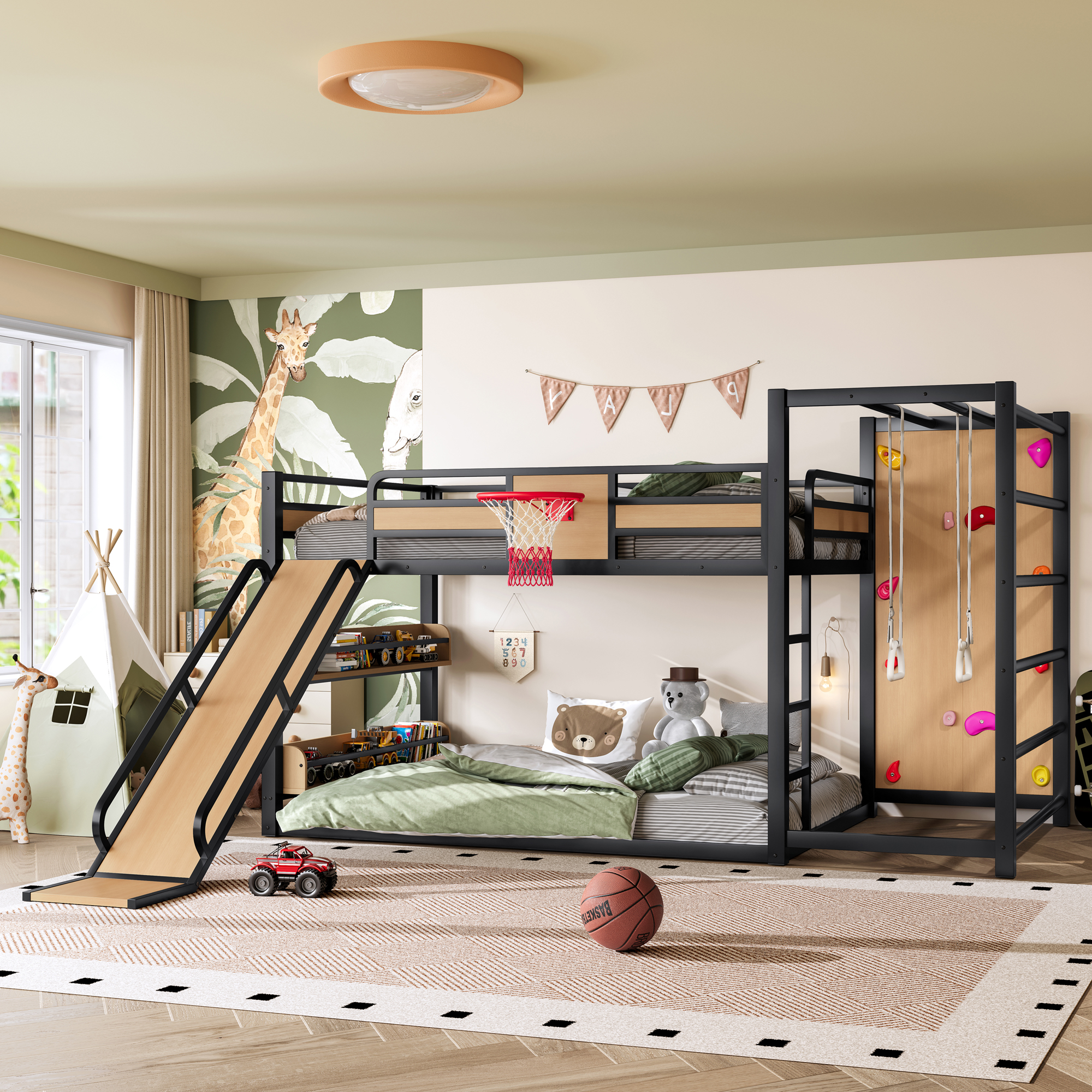 Full size metal loft bed with basketball hoop, pull-up rings, climbing wall, and built-in bookshelves. Playful children's design featuring a slide,Yellow - Image 2