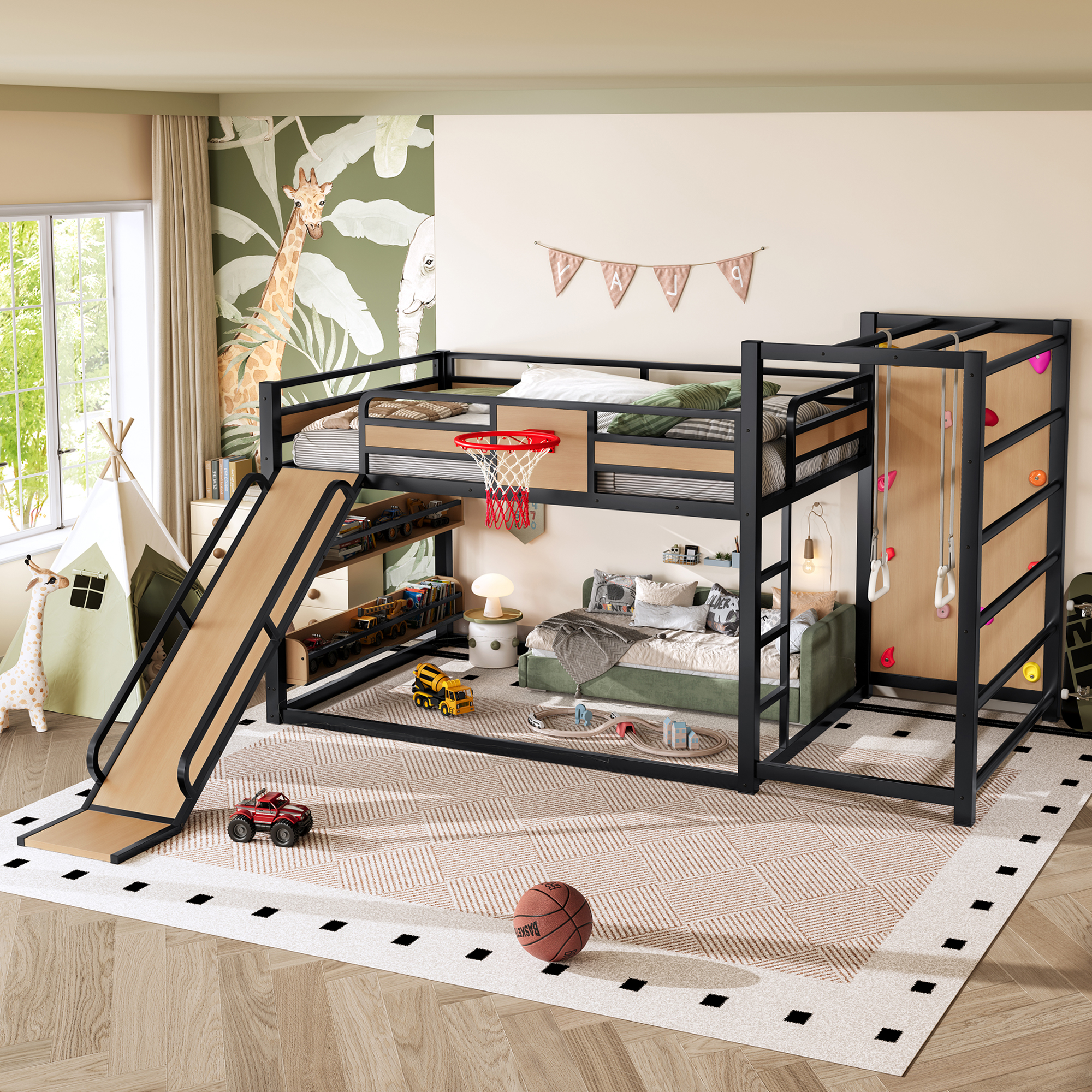 Full size metal loft bed with basketball hoop, pull-up rings, climbing wall, and built-in bookshelves. Playful children's design featuring a slide,Yellow - Image 3