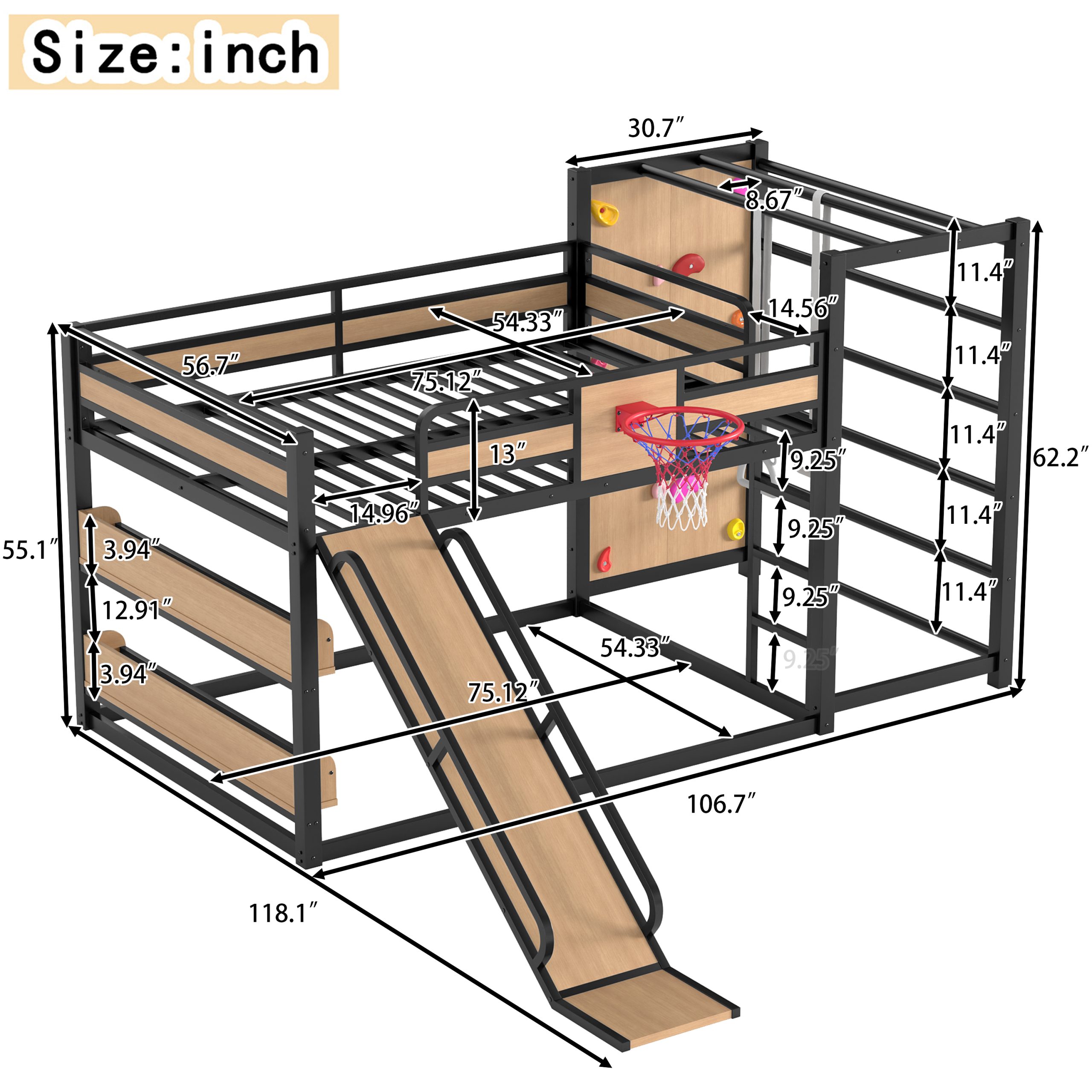Full size metal loft bed with basketball hoop, pull-up rings, climbing wall, and built-in bookshelves. Playful children's design featuring a slide,Yellow - Image 4