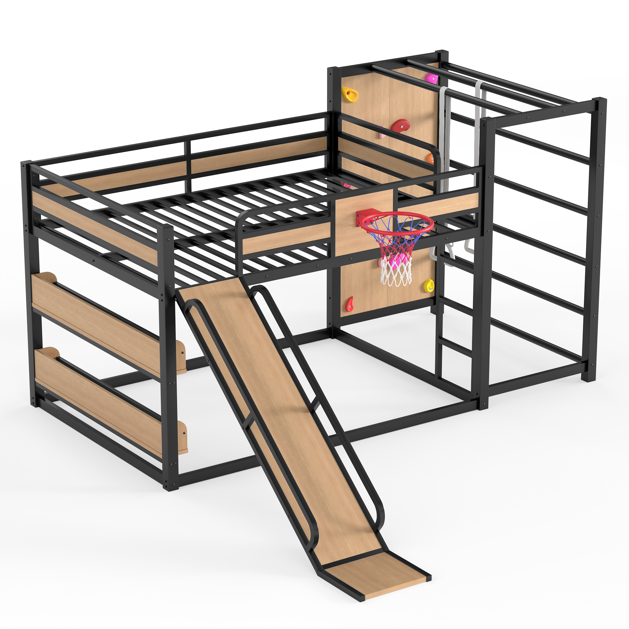 Full size metal loft bed with basketball hoop, pull-up rings, climbing wall, and built-in bookshelves. Playful children's design featuring a slide,Yellow - Image 5