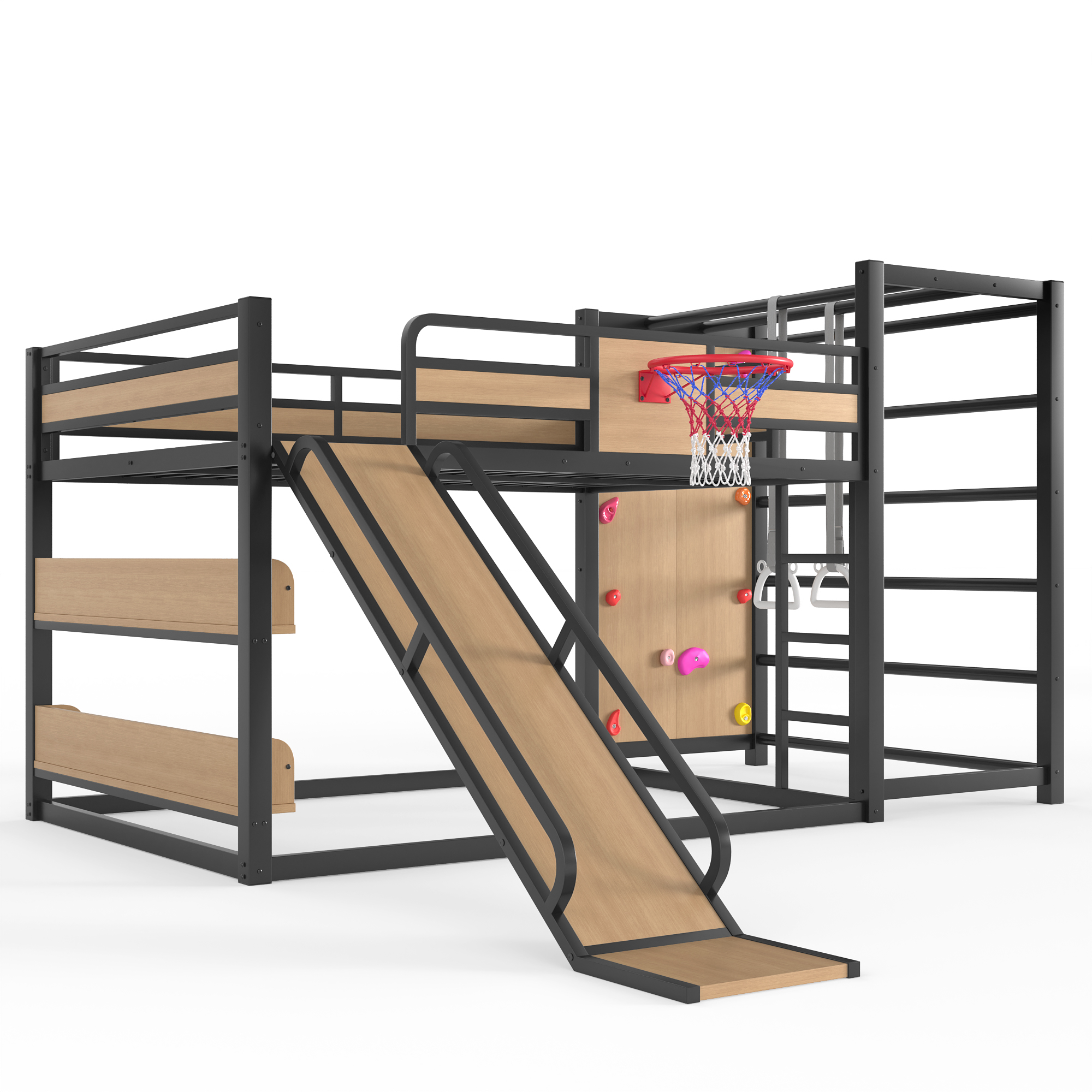 Full size metal loft bed with basketball hoop, pull-up rings, climbing wall, and built-in bookshelves. Playful children's design featuring a slide,Yellow - Image 6