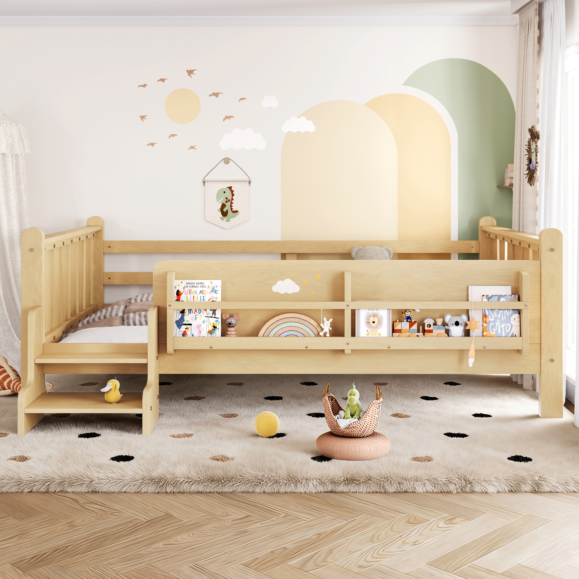 Full Size Floor Bed with Storage Bookcases, Solid Wood Kids Floor Bed with Cute Stairs and Guardrails, No Box Spring Needed, Light Natural - Image 2