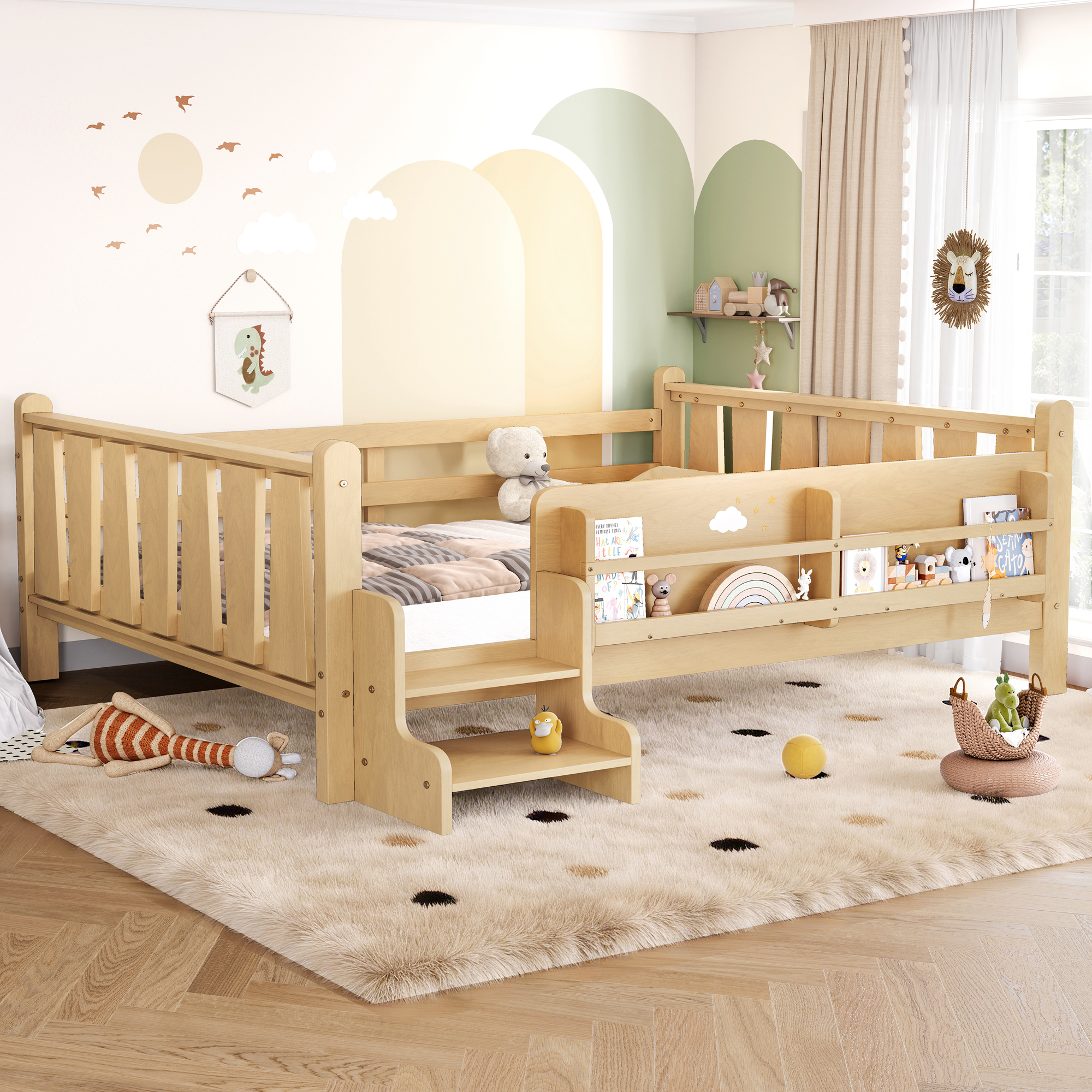 Full Size Floor Bed with Storage Bookcases, Solid Wood Kids Floor Bed with Cute Stairs and Guardrails, No Box Spring Needed, Light Natural - Image 3
