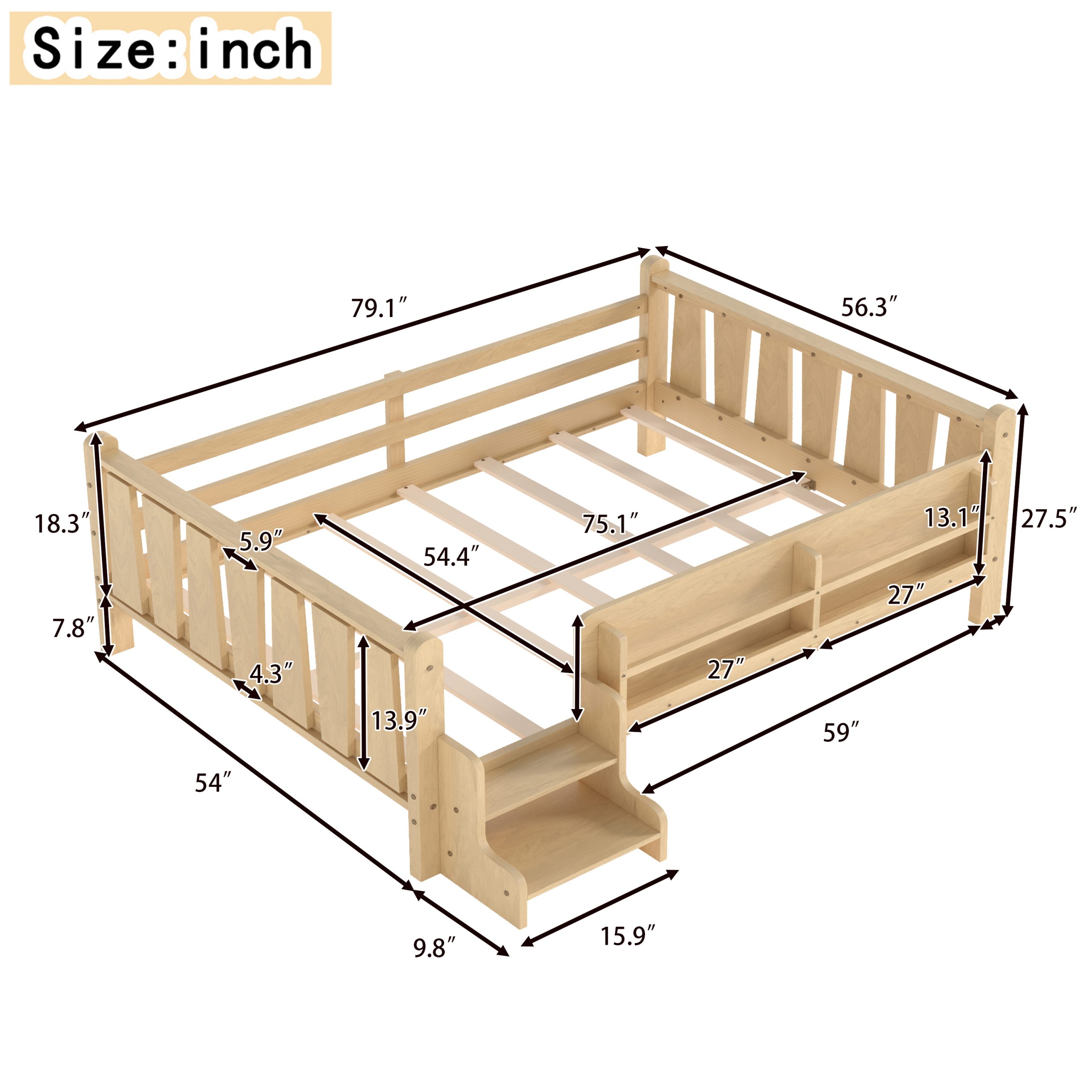 Full Size Floor Bed with Storage Bookcases, Solid Wood Kids Floor Bed with Cute Stairs and Guardrails, No Box Spring Needed, Light Natural - Image 4