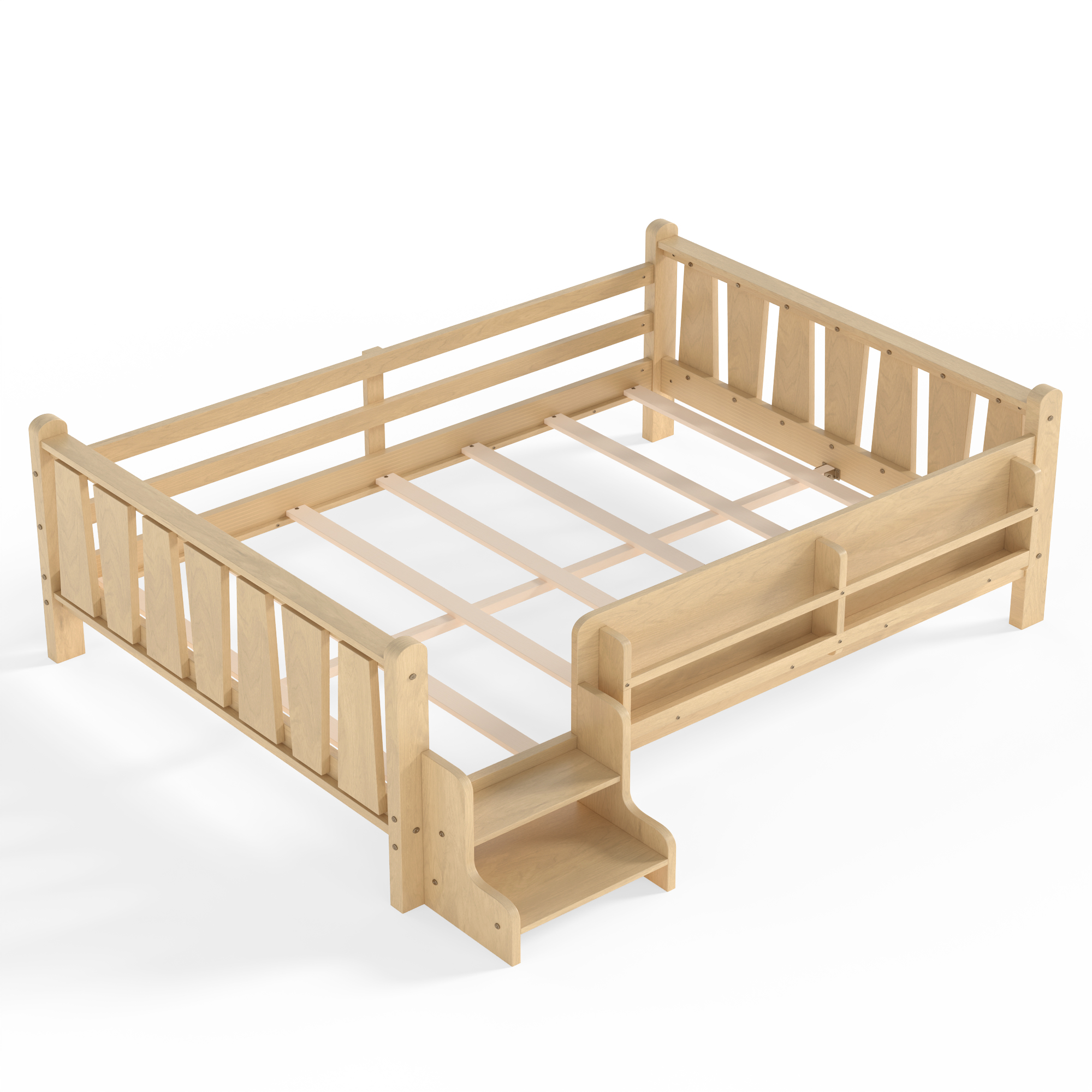 Full Size Floor Bed with Storage Bookcases, Solid Wood Kids Floor Bed with Cute Stairs and Guardrails, No Box Spring Needed, Light Natural - Image 5