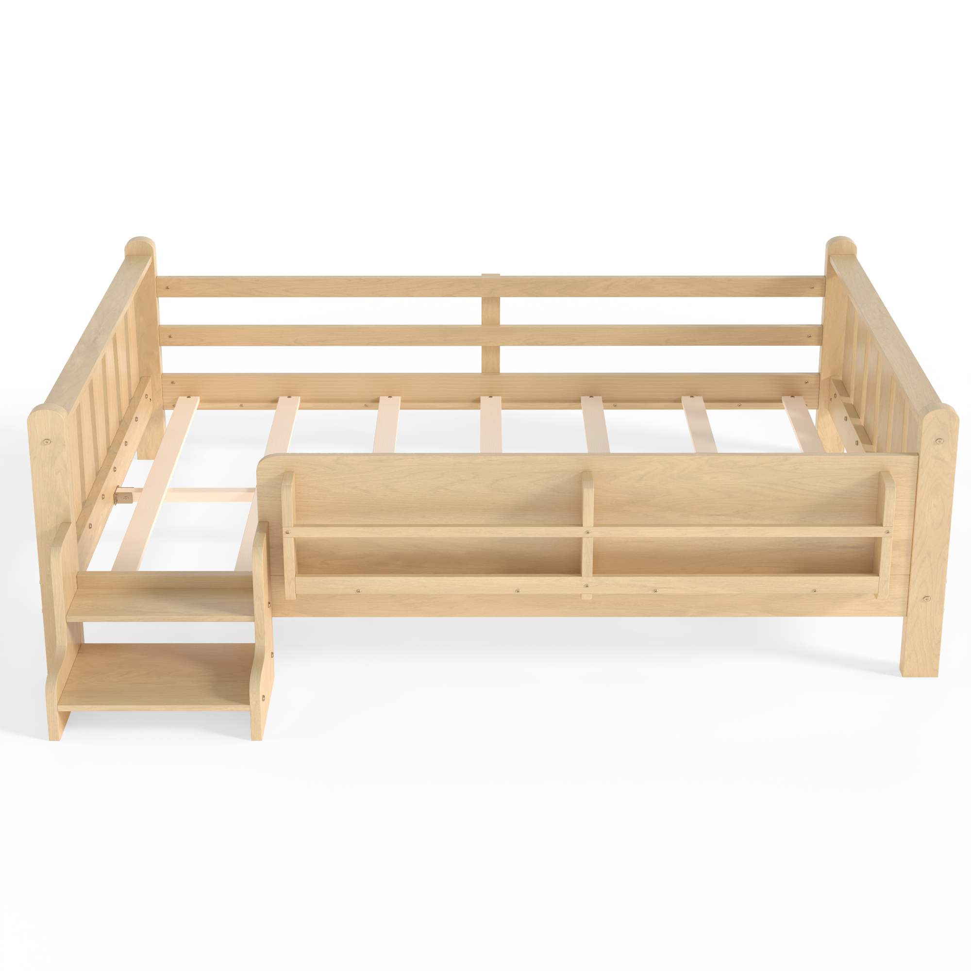 Full Size Floor Bed with Storage Bookcases, Solid Wood Kids Floor Bed with Cute Stairs and Guardrails, No Box Spring Needed, Light Natural - Image 6