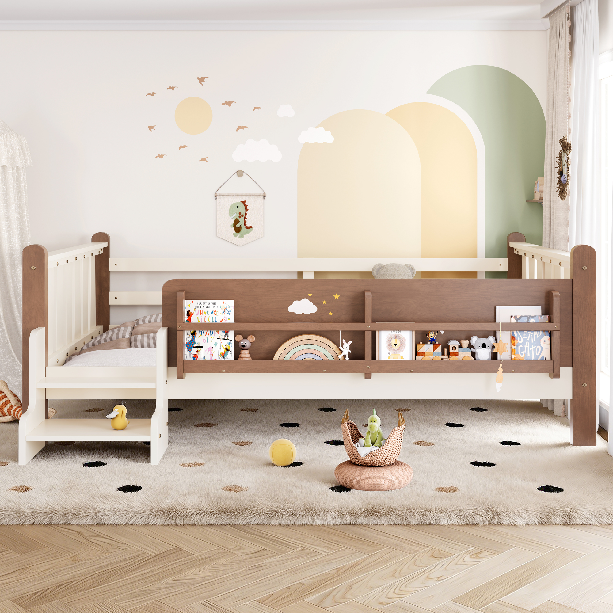 Full Size Floor Bed with Storage Bookcases, Solid Wood Kids Floor Bed with Cute Stairs and Guardrails, No Box Spring Needed, Beige - Image 2