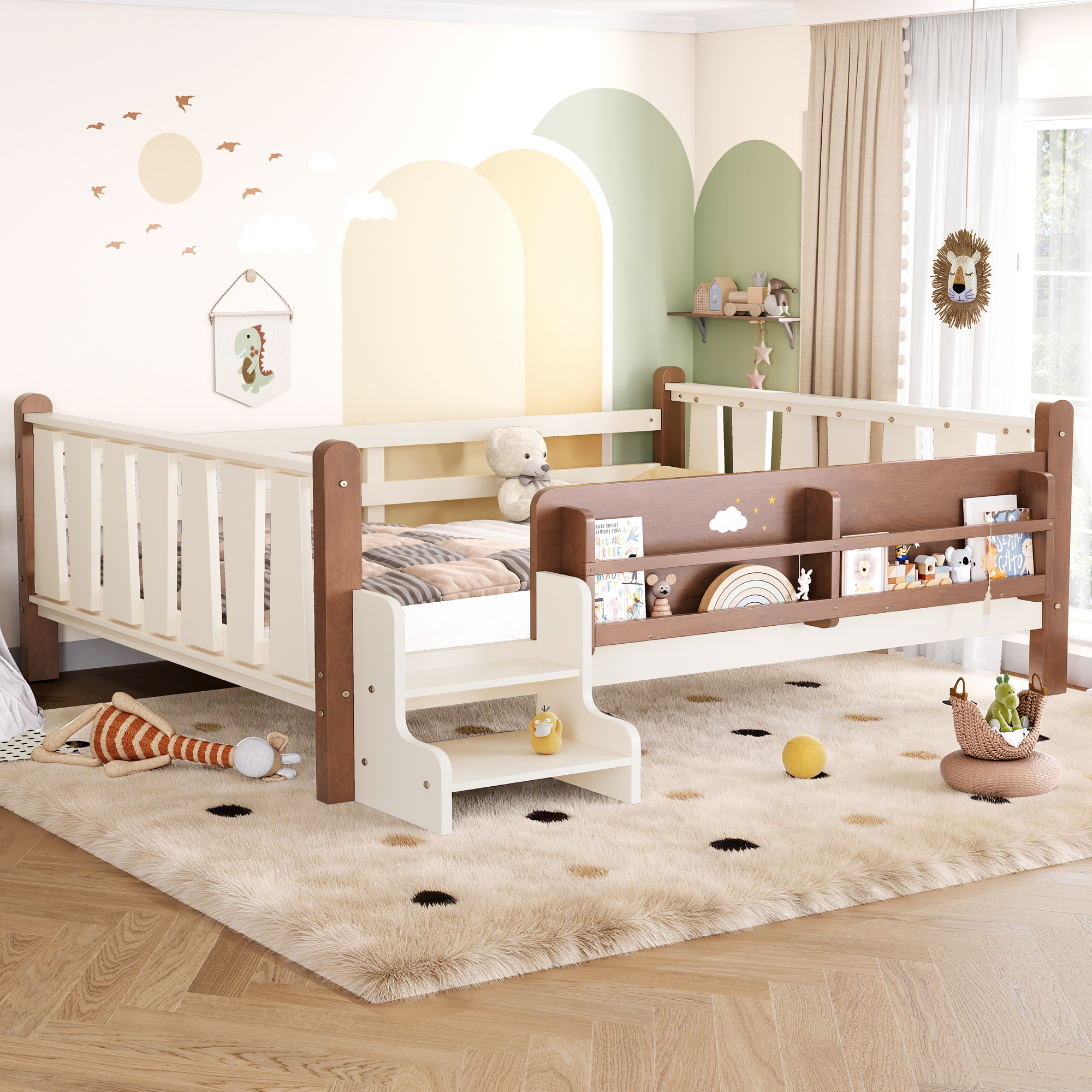 Full Size Floor Bed with Storage Bookcases, Solid Wood Kids Floor Bed with Cute Stairs and Guardrails, No Box Spring Needed, Beige - Image 3