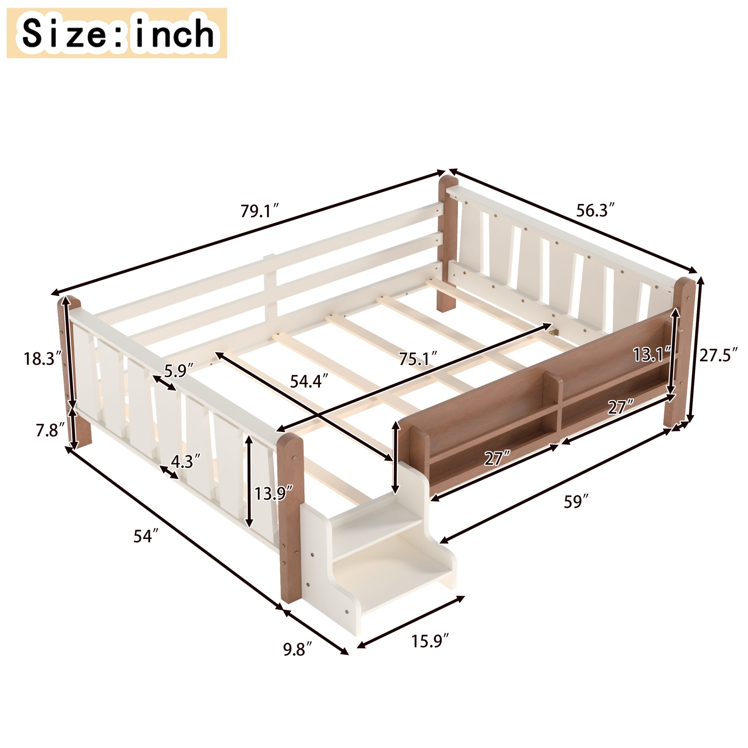 Full Size Floor Bed with Storage Bookcases, Solid Wood Kids Floor Bed with Cute Stairs and Guardrails, No Box Spring Needed, Beige - Image 4