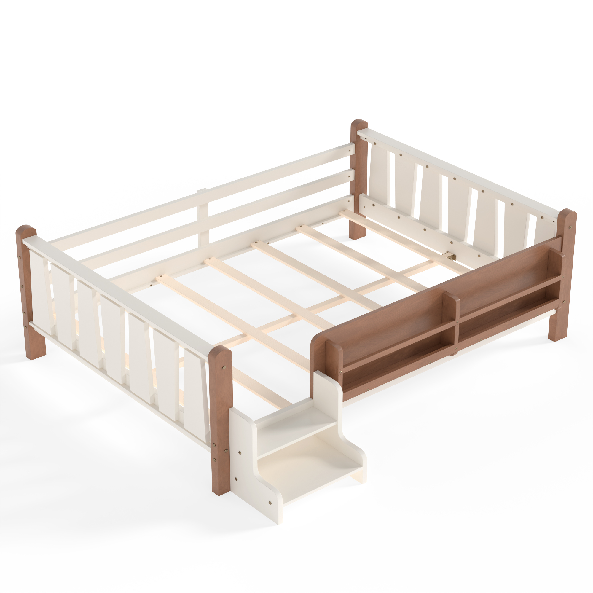 Full Size Floor Bed with Storage Bookcases, Solid Wood Kids Floor Bed with Cute Stairs and Guardrails, No Box Spring Needed, Beige - Image 5