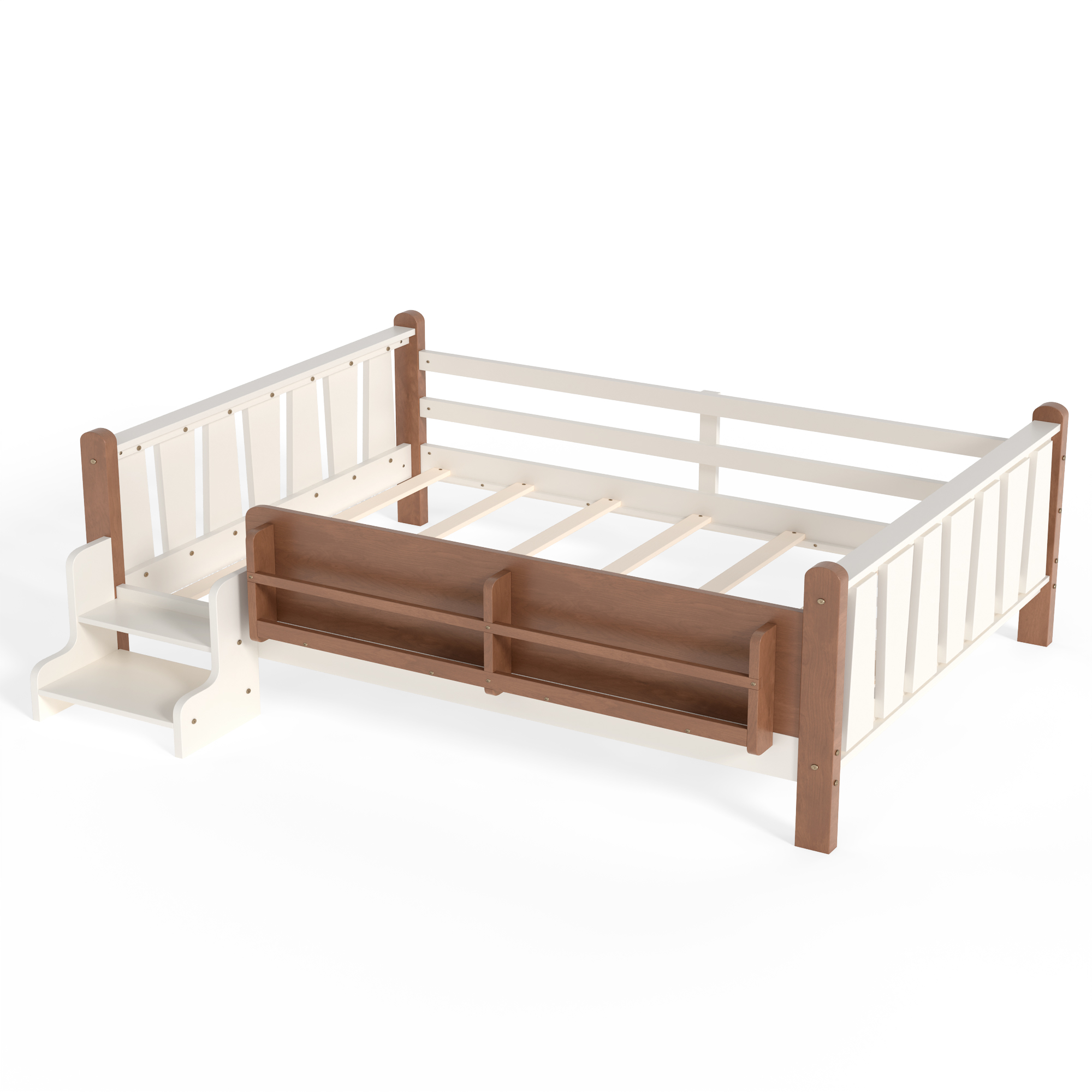 Full Size Floor Bed with Storage Bookcases, Solid Wood Kids Floor Bed with Cute Stairs and Guardrails, No Box Spring Needed, Beige - Image 6