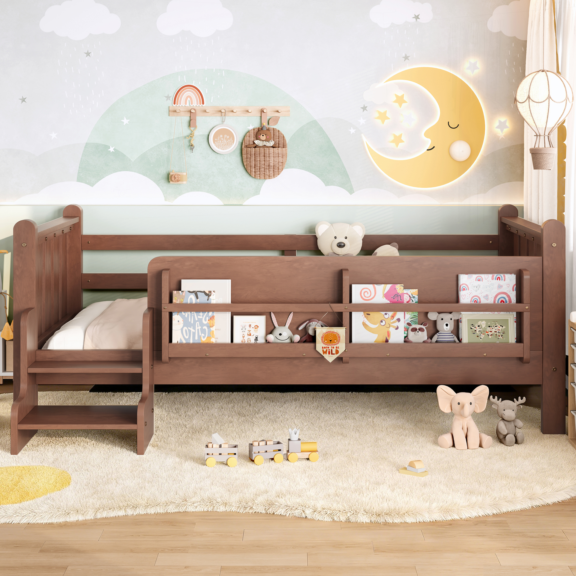 Twin Size Floor Bed with Storage Bookcases, Solid Wood Kids Floor Bed with Cute Stairs and Guardrails, No Box Spring Needed, Natural - Image 2