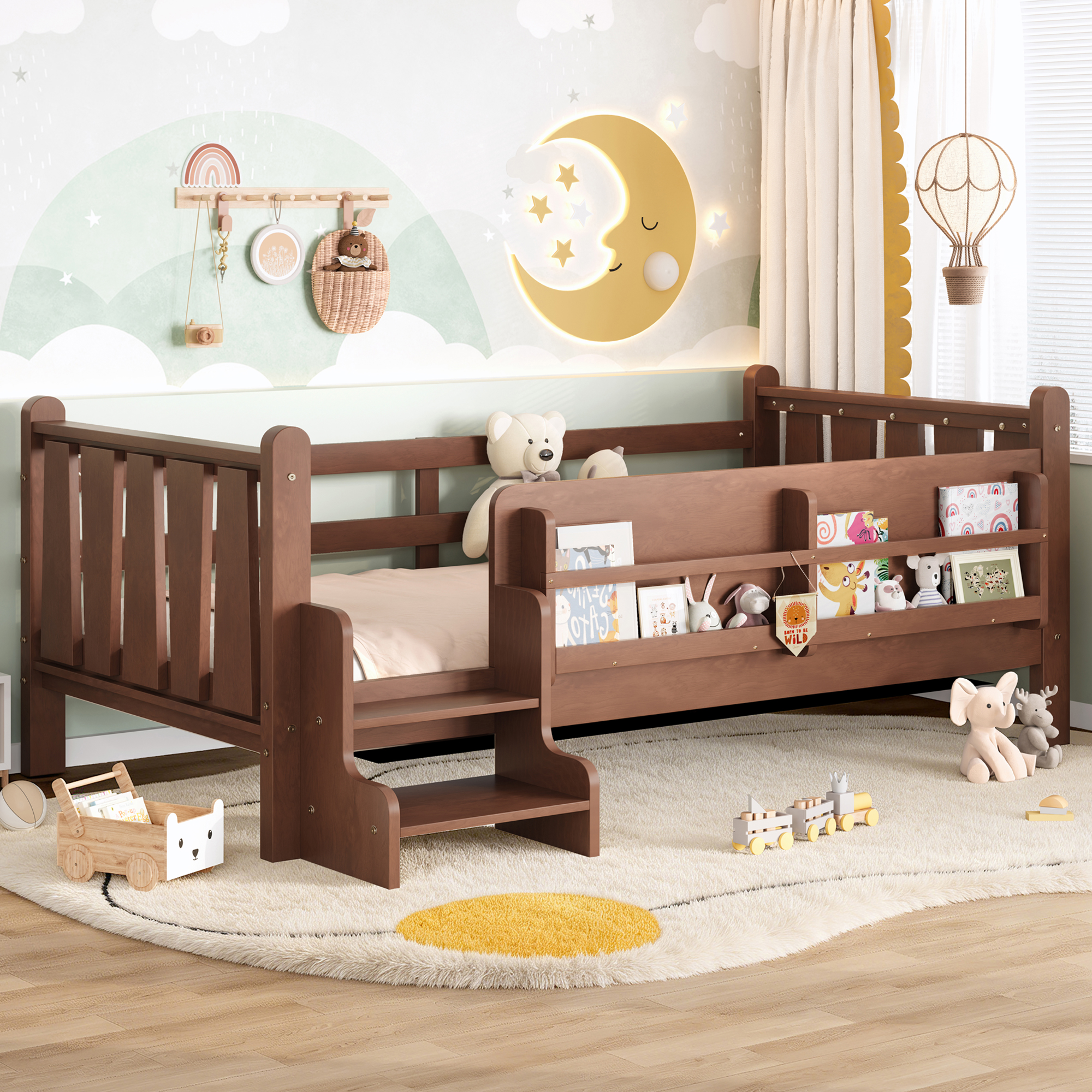 Twin Size Floor Bed with Storage Bookcases, Solid Wood Kids Floor Bed with Cute Stairs and Guardrails, No Box Spring Needed, Natural - Image 3
