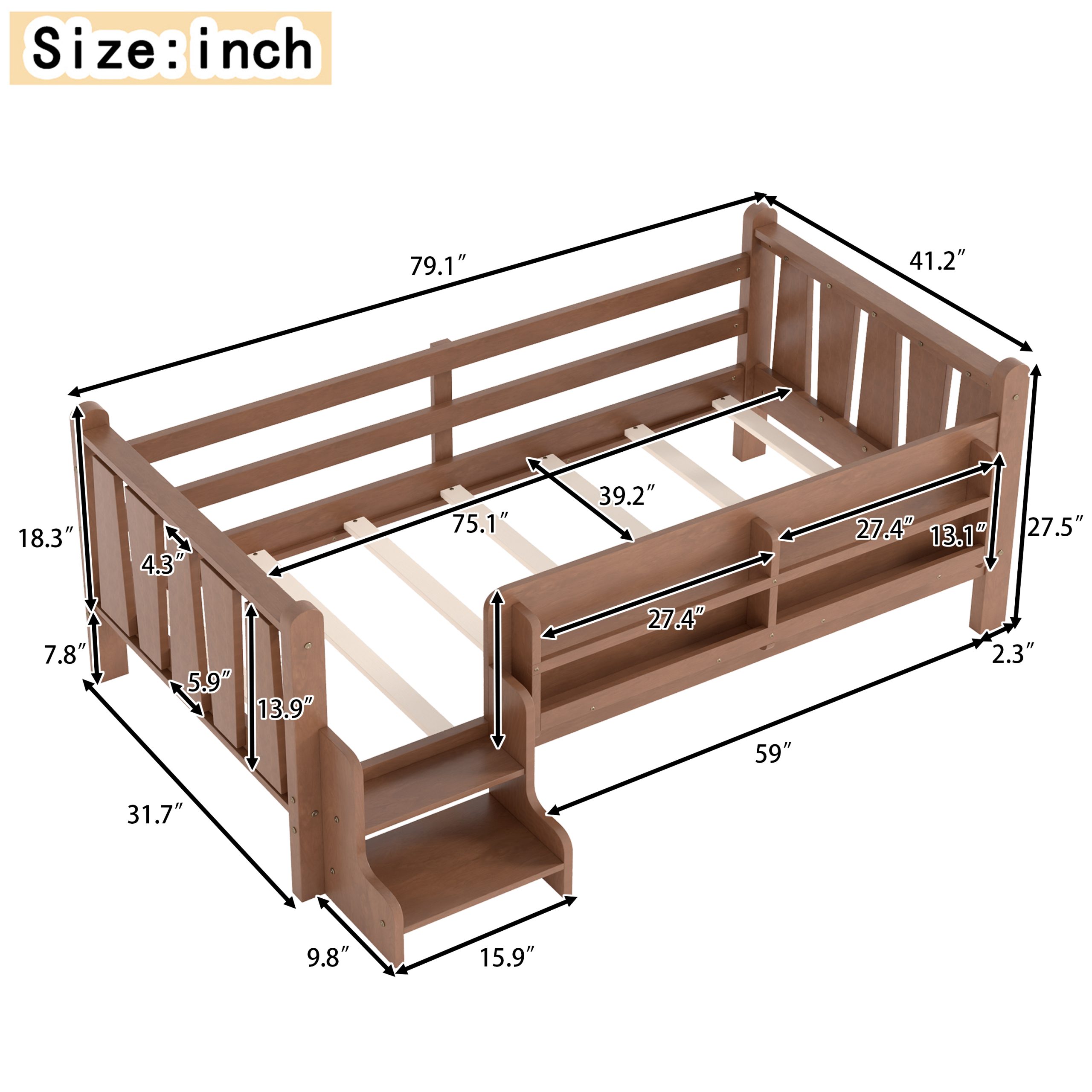 Twin Size Floor Bed with Storage Bookcases, Solid Wood Kids Floor Bed with Cute Stairs and Guardrails, No Box Spring Needed, Natural - Image 4