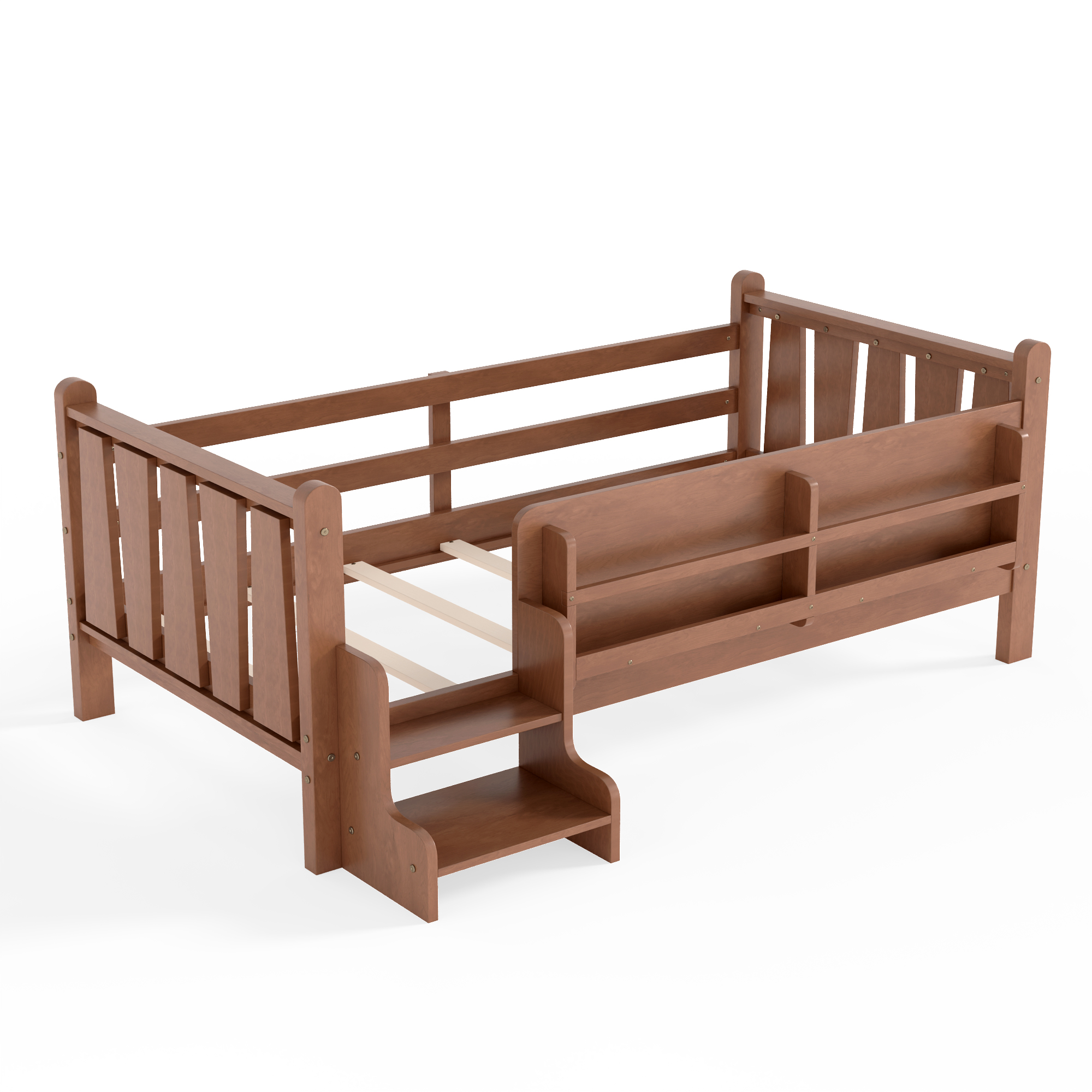 Twin Size Floor Bed with Storage Bookcases, Solid Wood Kids Floor Bed with Cute Stairs and Guardrails, No Box Spring Needed, Natural - Image 5