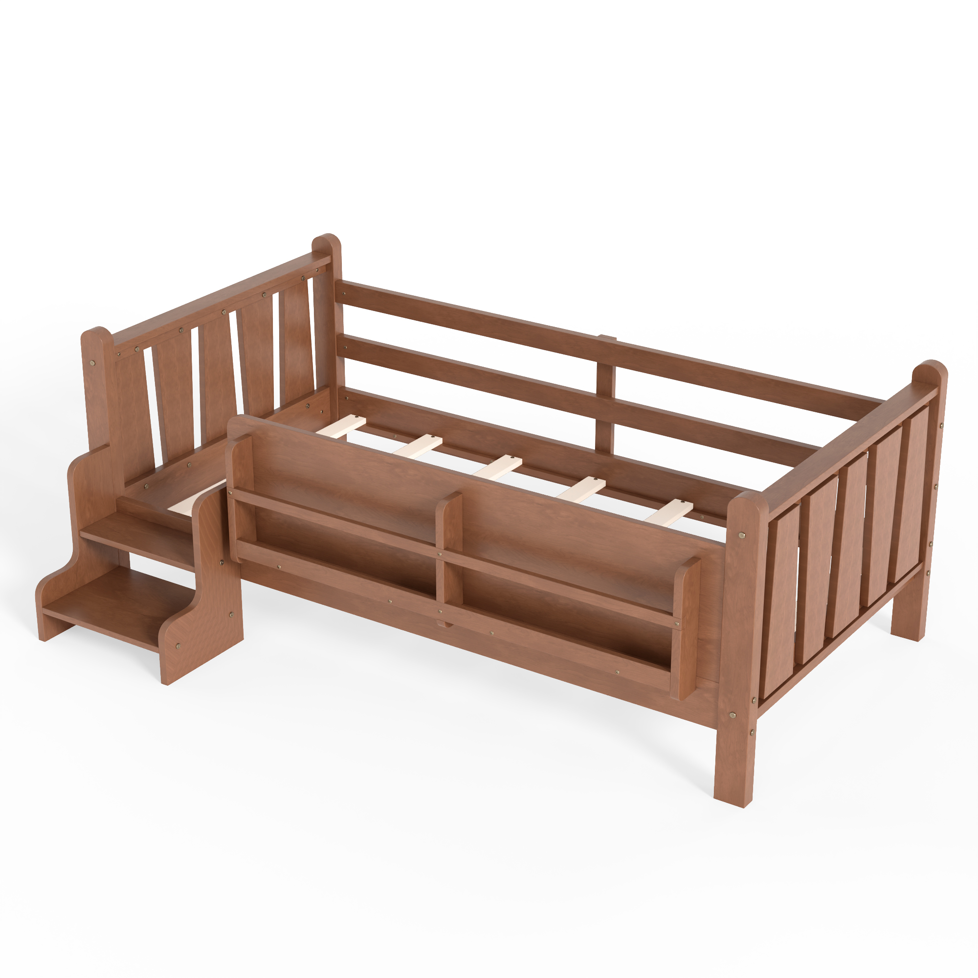 Twin Size Floor Bed with Storage Bookcases, Solid Wood Kids Floor Bed with Cute Stairs and Guardrails, No Box Spring Needed, Natural - Image 6