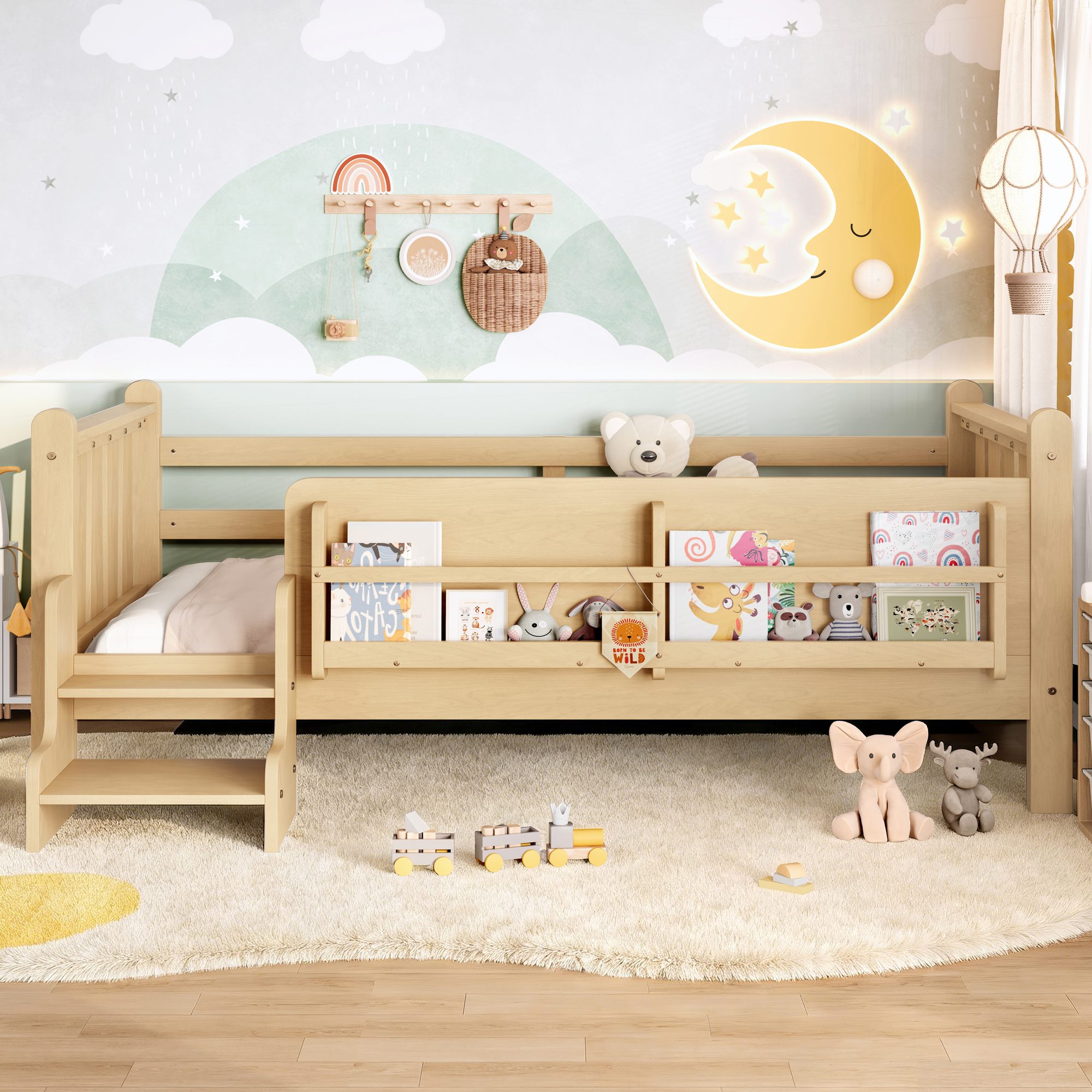 Twin Size Floor Bed with Storage Bookcases, Solid Wood Kids Floor Bed with Cute Stairs and Guardrails, No Box Spring Needed, Light Natural - Image 2