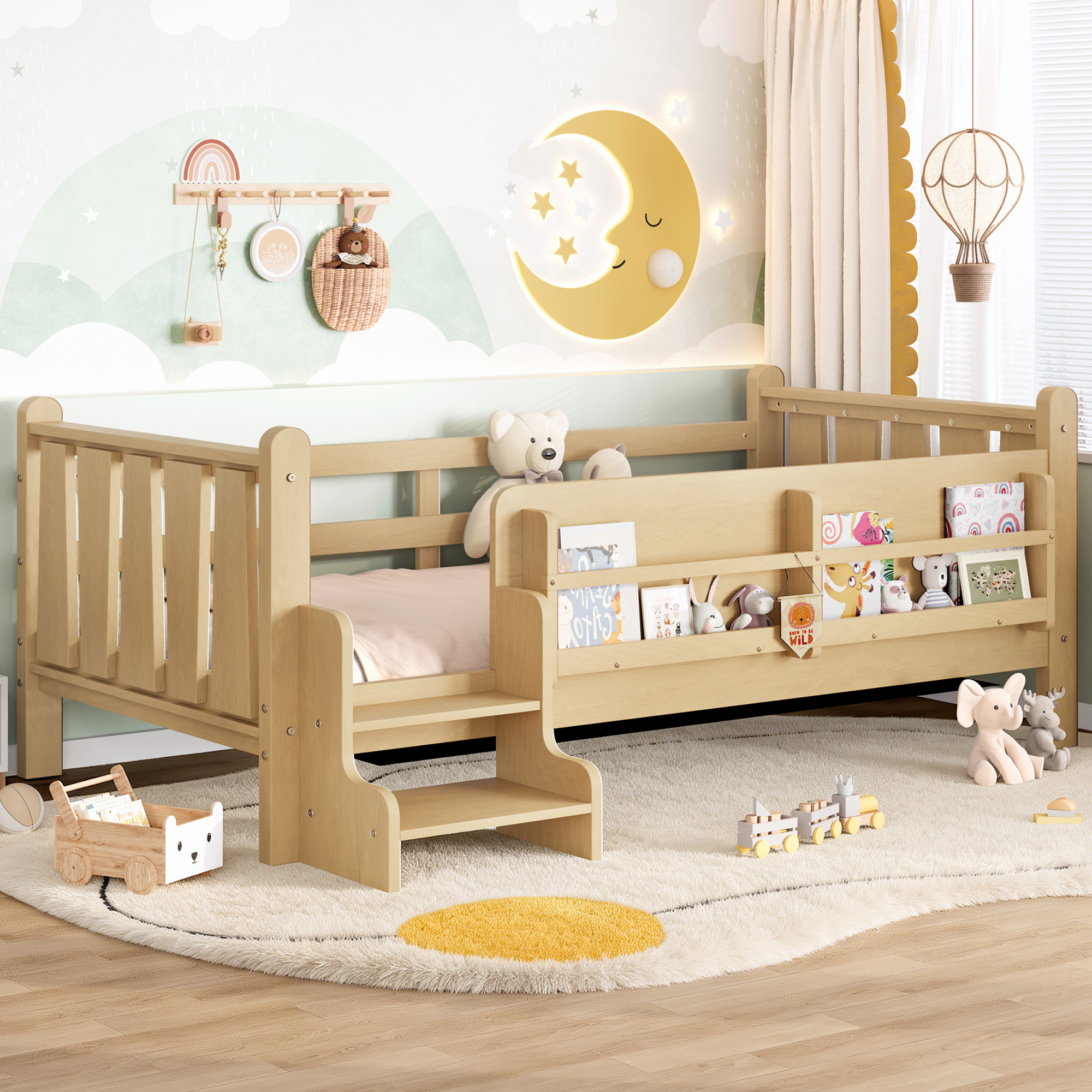 Twin Size Floor Bed with Storage Bookcases, Solid Wood Kids Floor Bed with Cute Stairs and Guardrails, No Box Spring Needed, Light Natural - Image 3